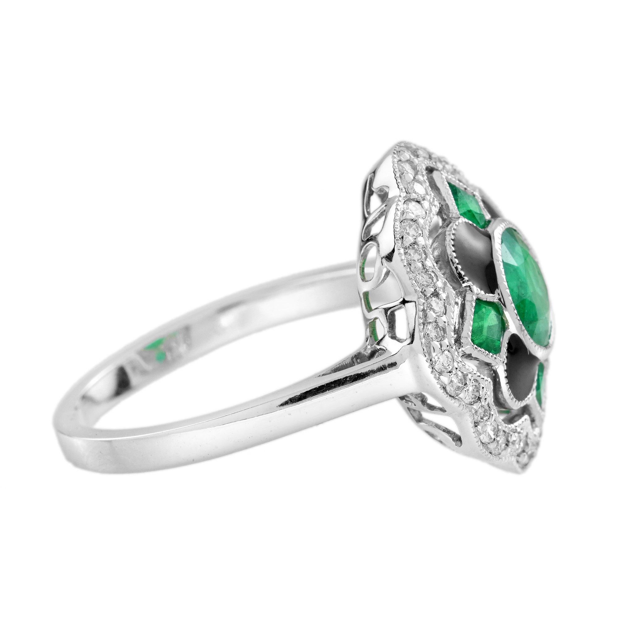 Art Deco Emerald & Diamond Enamel Vintage Inspired Antique Style Floral Halo Gold Ring For Sale
