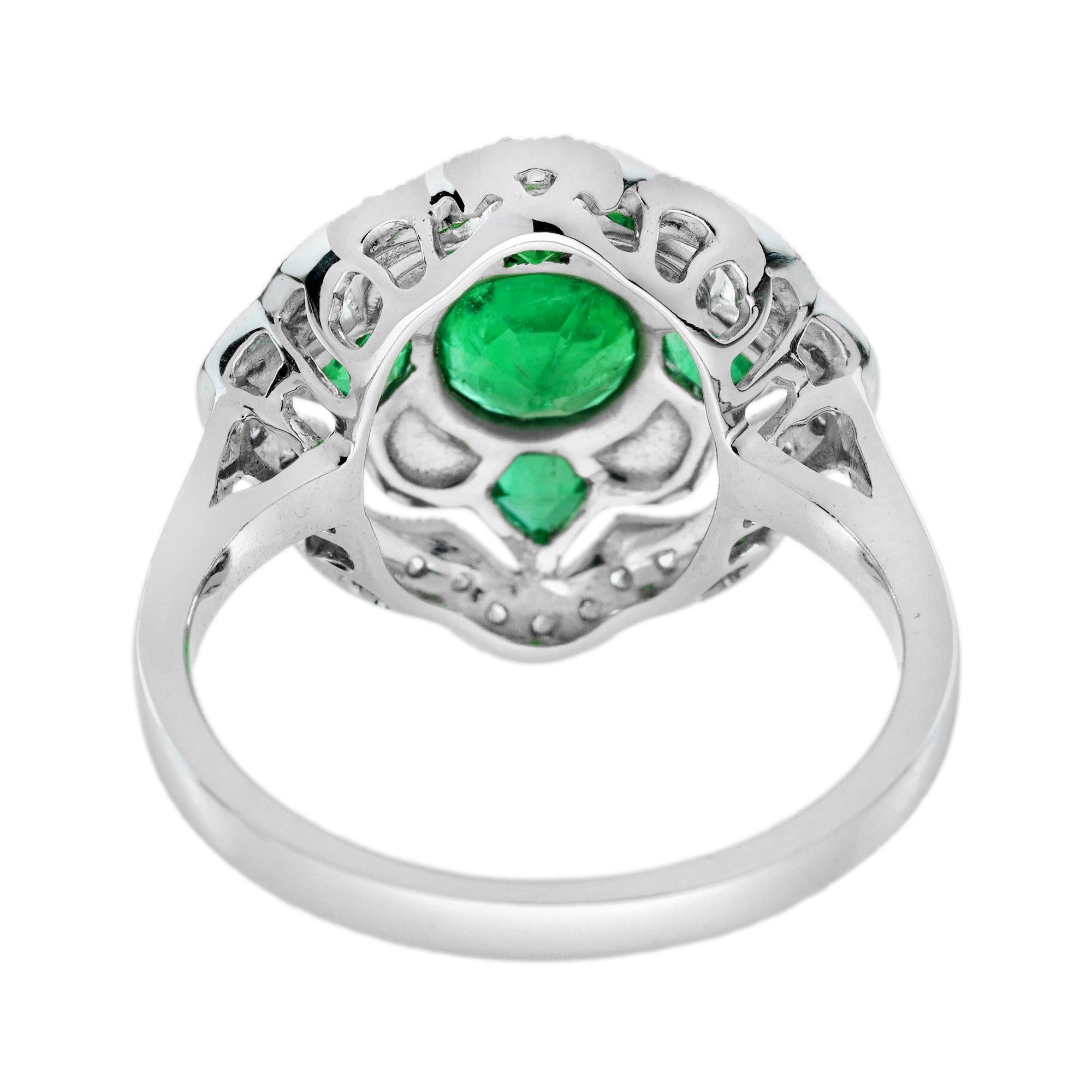 Round Cut Emerald & Diamond Enamel Vintage Inspired Antique Style Floral Halo Gold Ring For Sale