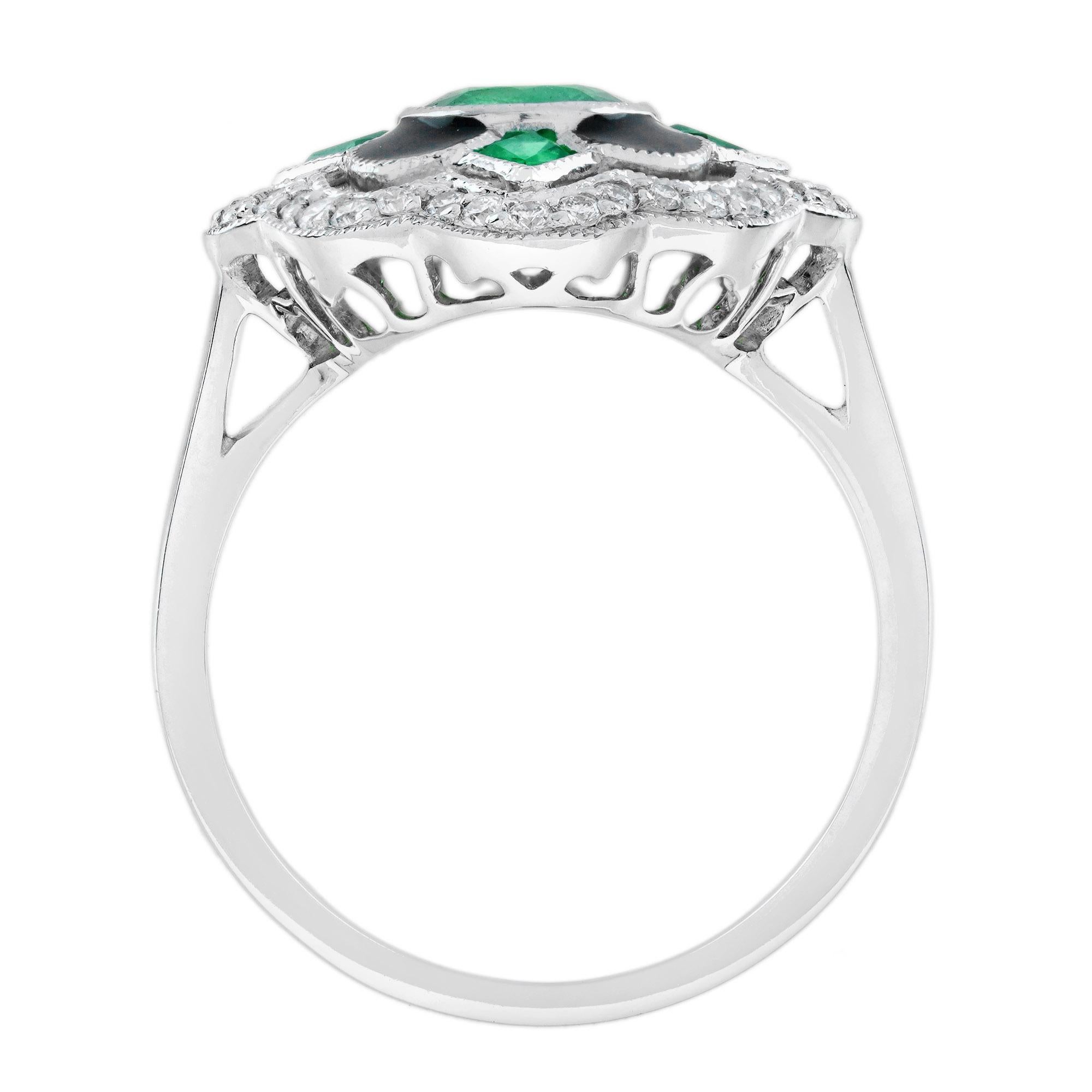 Emerald & Diamond Enamel Vintage Inspired Antique Style Floral Halo Gold Ring In New Condition For Sale In Oakton, VA