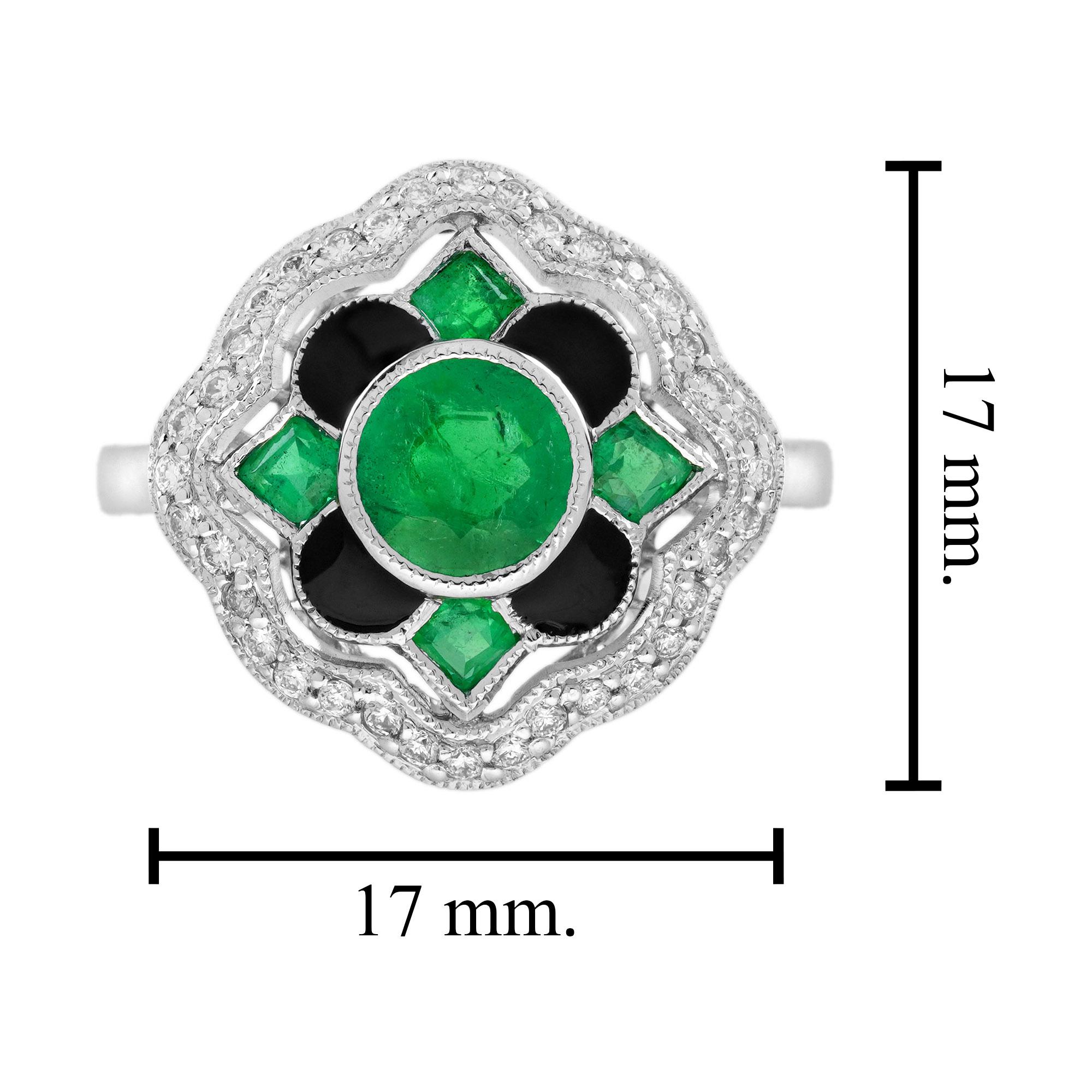 Women's Emerald & Diamond Enamel Vintage Inspired Antique Style Floral Halo Gold Ring For Sale