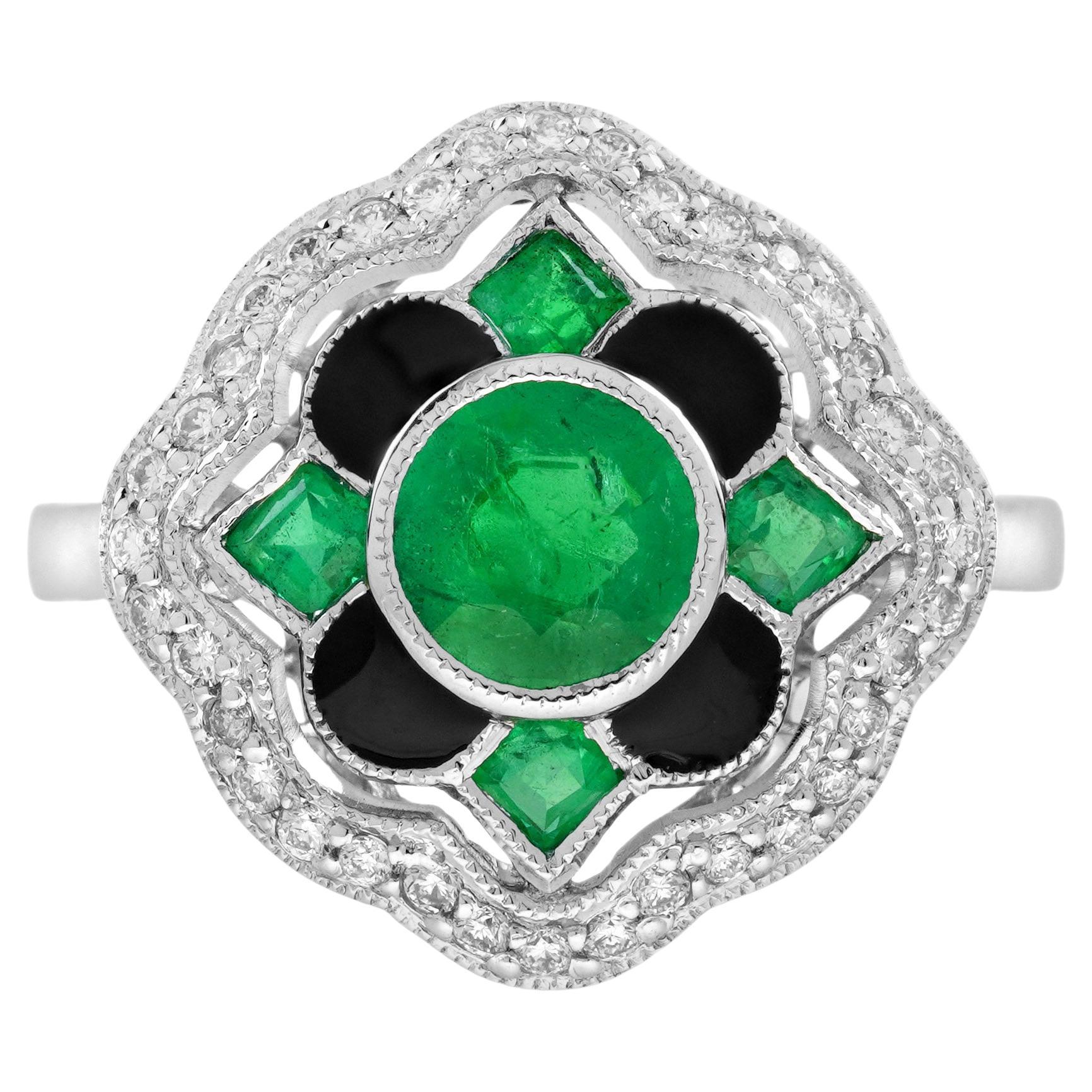 Emerald & Diamond Enamel Vintage Inspired Antique Style Floral Halo Gold Ring For Sale