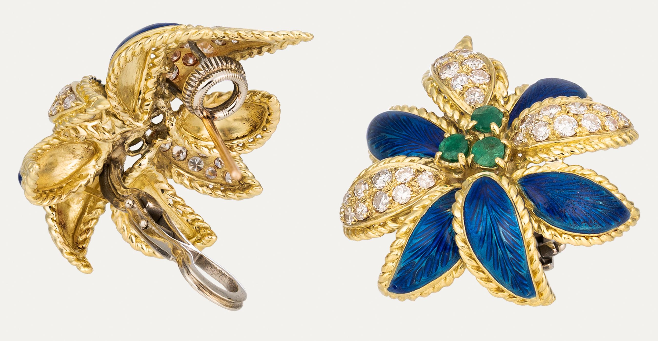 Emerald Diamond Enamel Yellow Gold Earrings Excellent état - En vente à Lisboa, PT