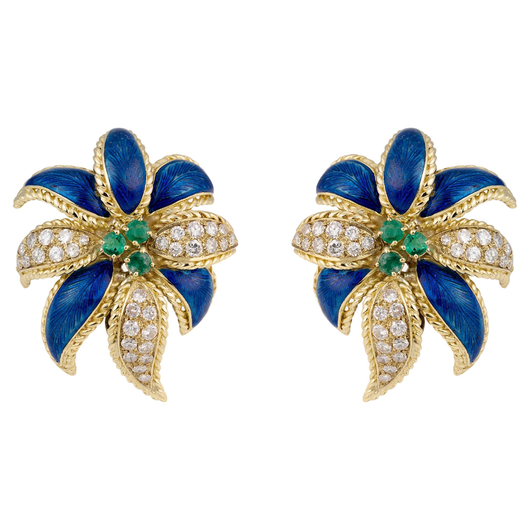 Emerald Diamond Enamel Yellow Gold Earrings en vente