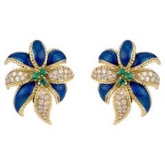 Emerald Diamond Enamel Yellow Gold Earrings