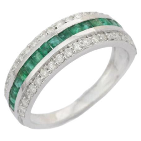 For Sale:  Emerald Diamond Engagement Ring Handcrafted in 925 Sterling Silver for Her