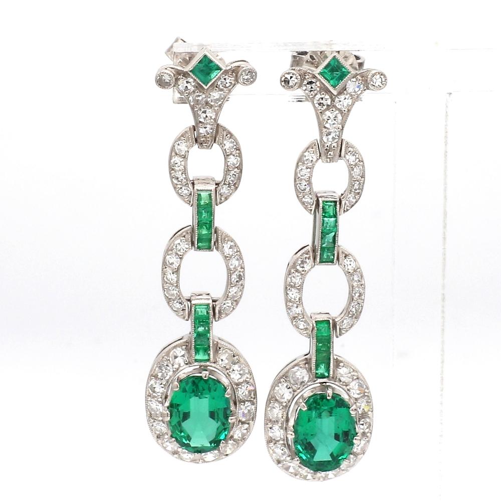 Oval Cut Emerald & Diamond Estate Drop Earrings with Emerald Accents For Sale