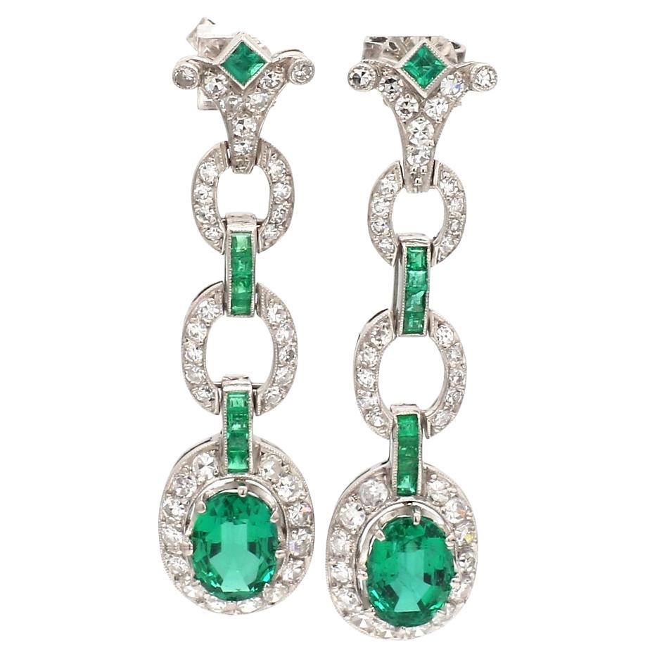 Emerald & Diamond Estate Drop Earrings with Emerald Accents For Sale