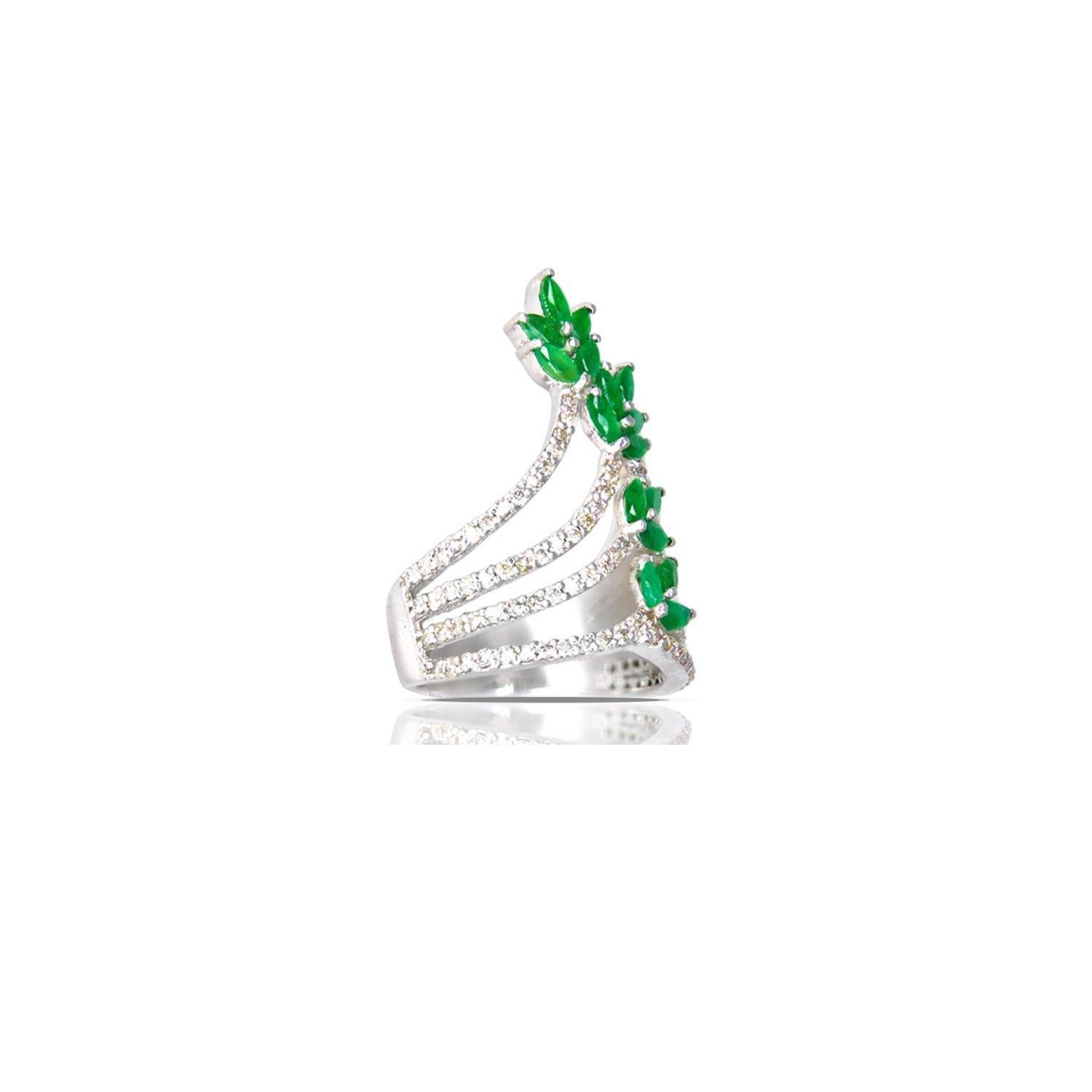 Contemporary Emerald Diamond Floral Crawler Ring For Sale