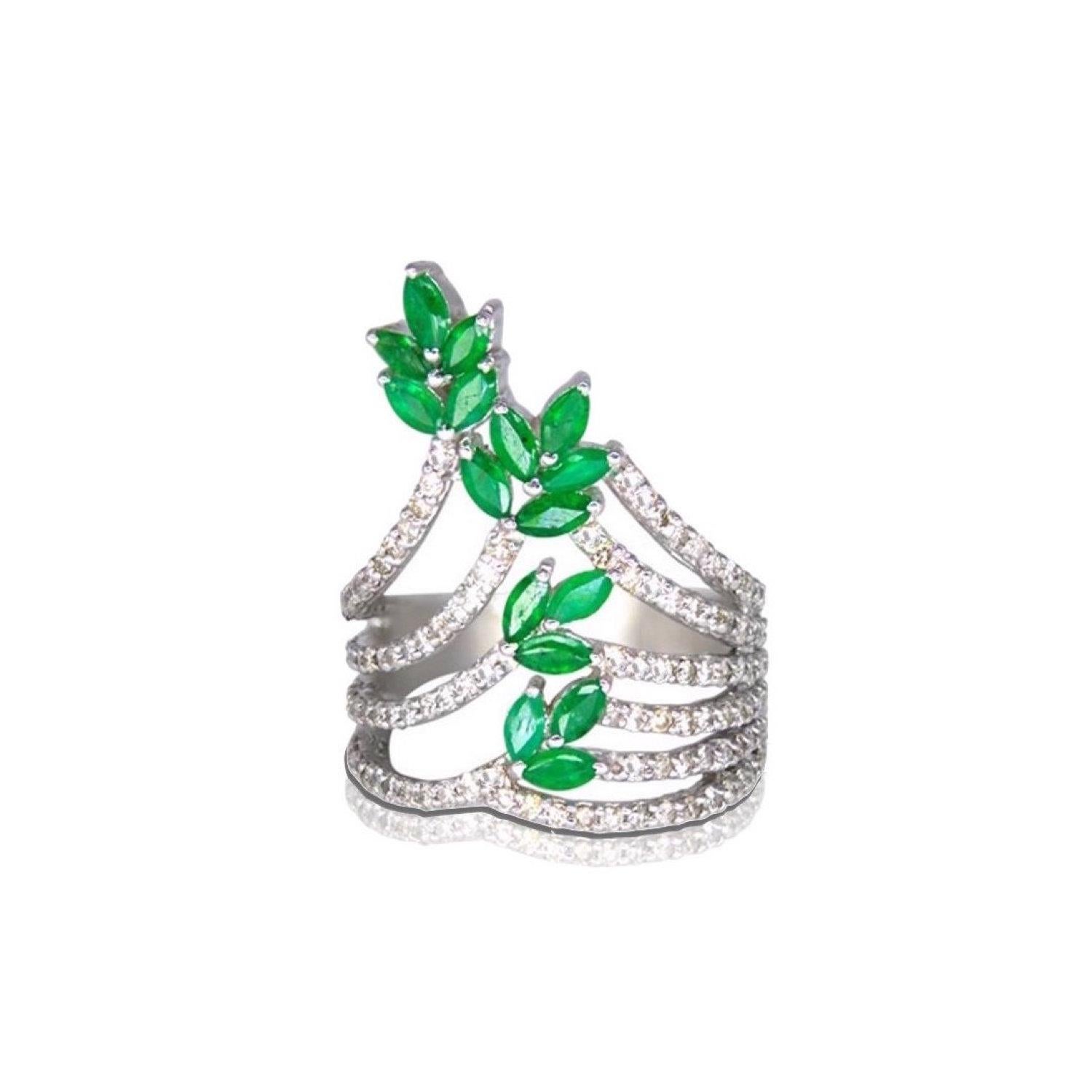 Mixed Cut Emerald Diamond Floral Crawler Ring For Sale