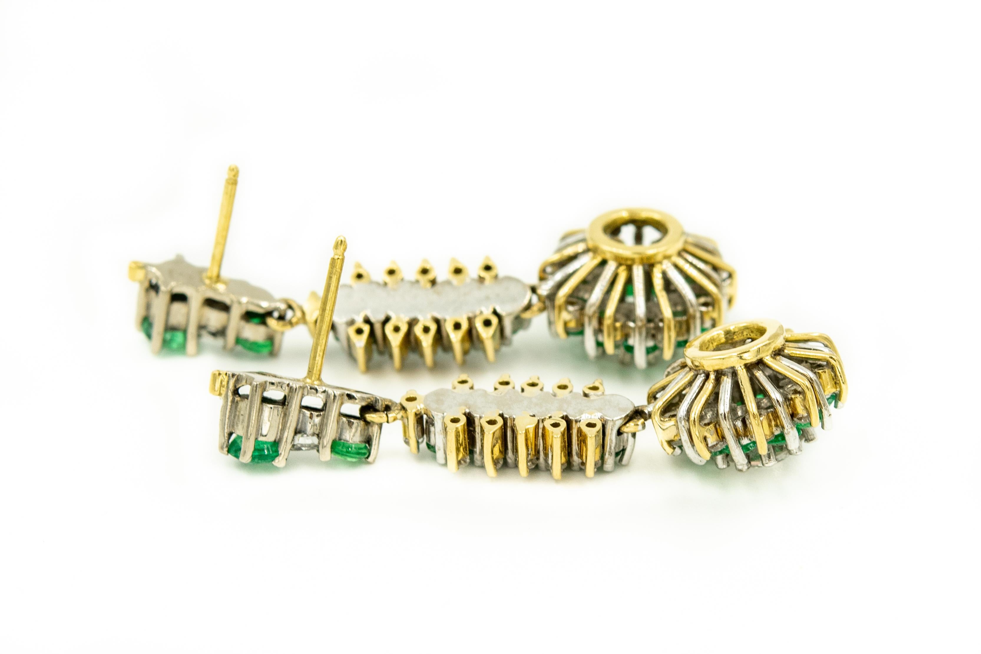 Round Cut Emerald Diamond Floral Drop Dangle Gold Earrings