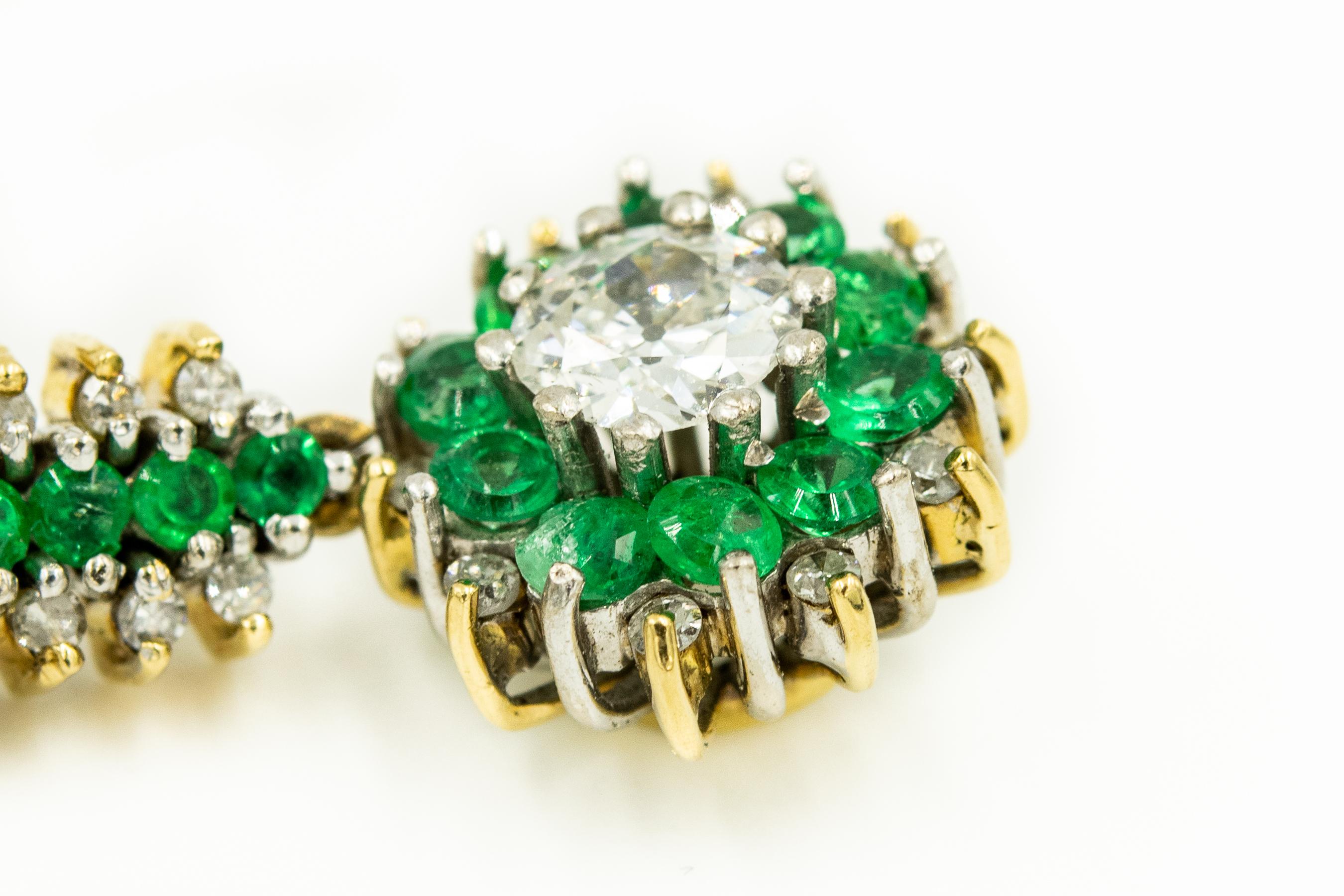 Emerald Diamond Floral Drop Dangle Gold Earrings In Good Condition In Miami Beach, FL