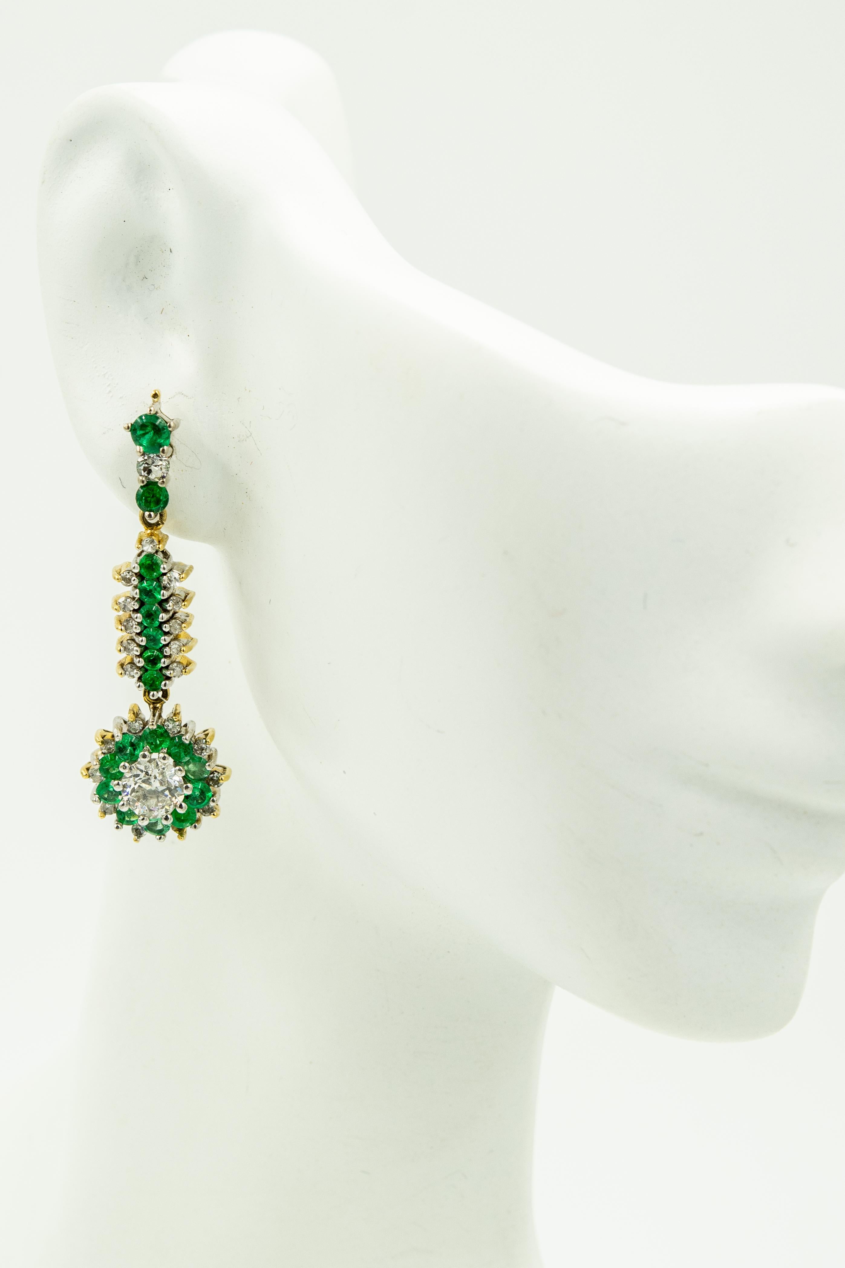 Emerald Diamond Floral Drop Dangle Gold Earrings 1