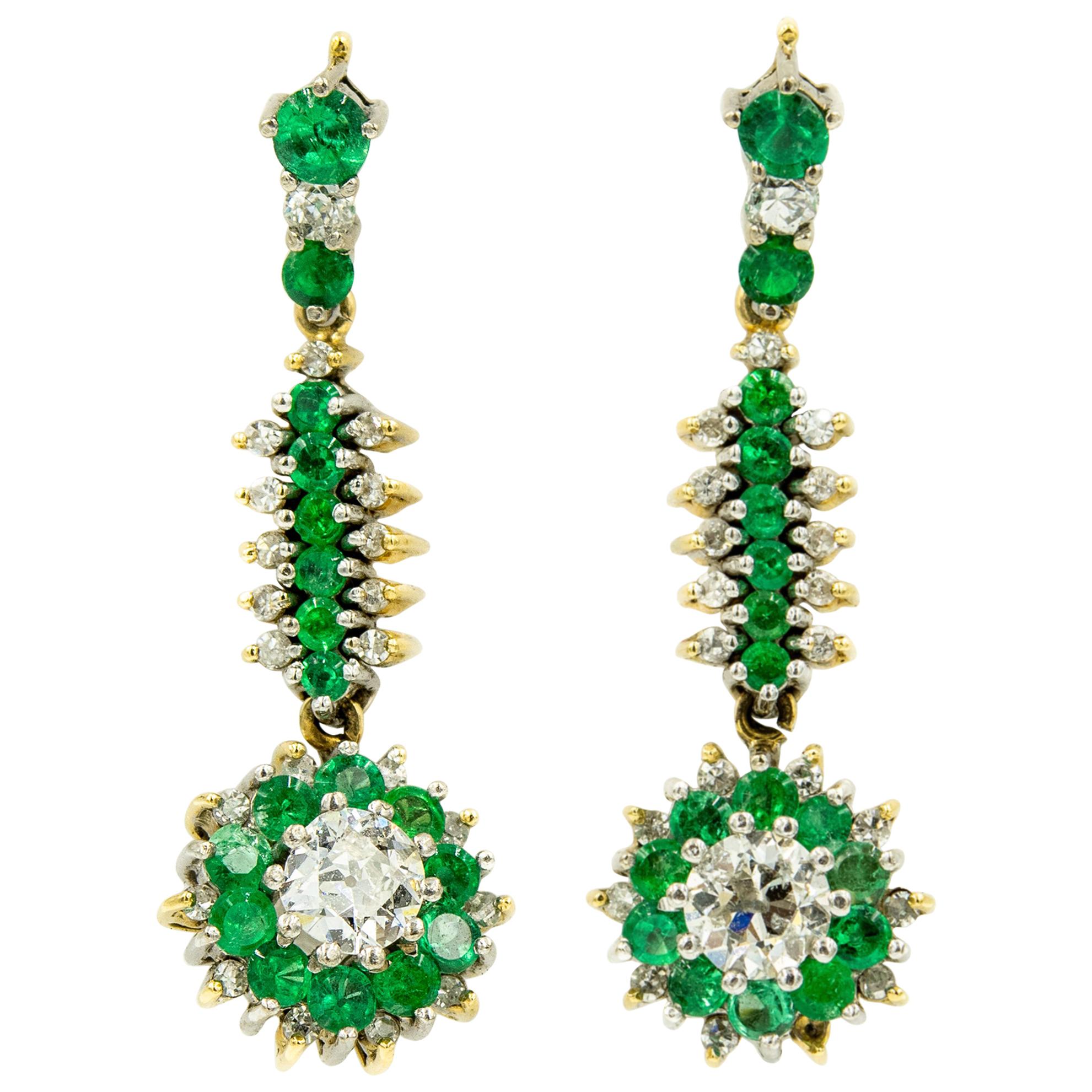 Emerald Diamond Floral Drop Dangle Gold Earrings