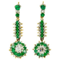 Emerald Diamond Floral Drop Dangle Gold Earrings