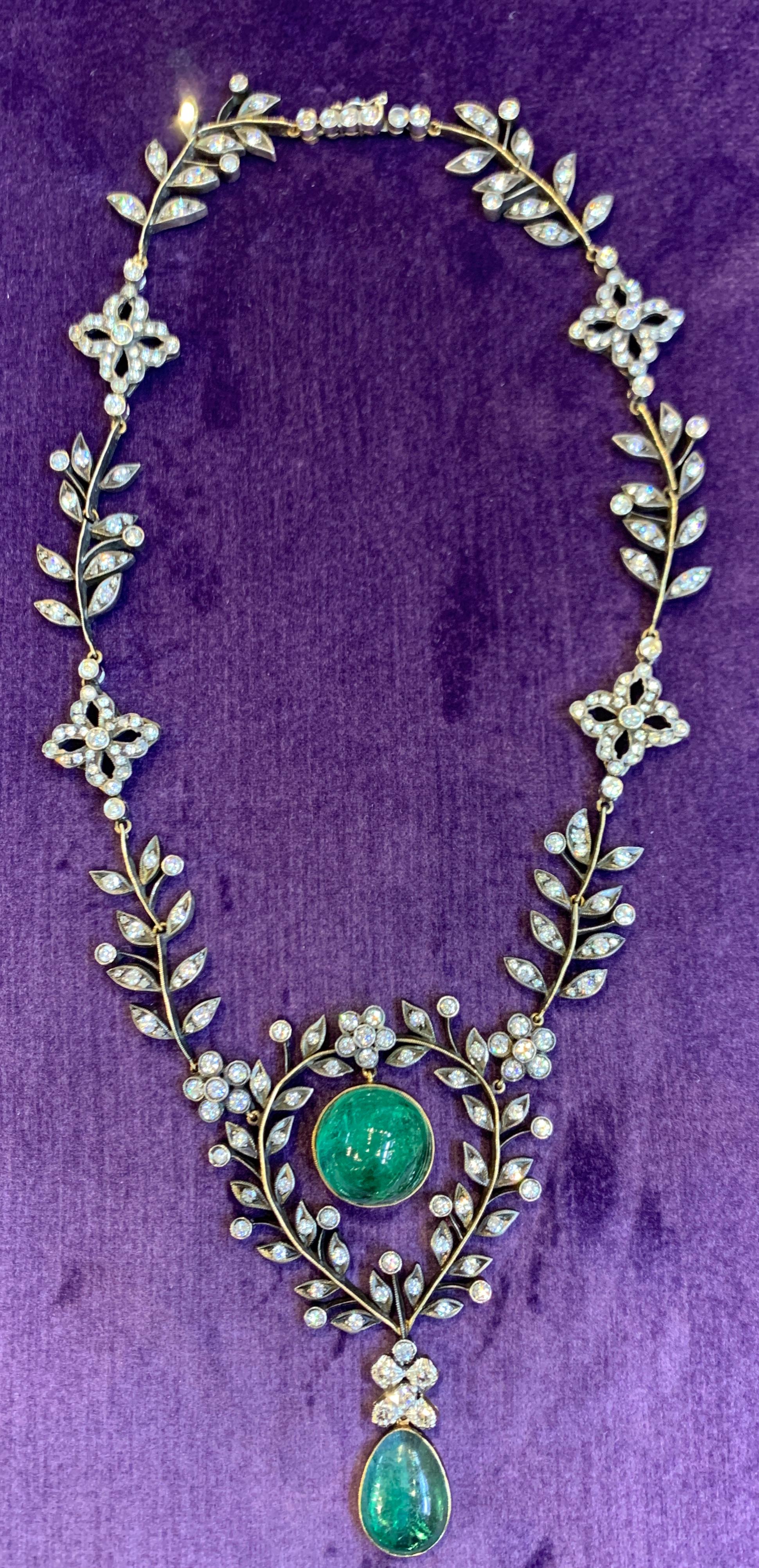 Emerald and Diamond Floral Drop Necklace For Sale 1
