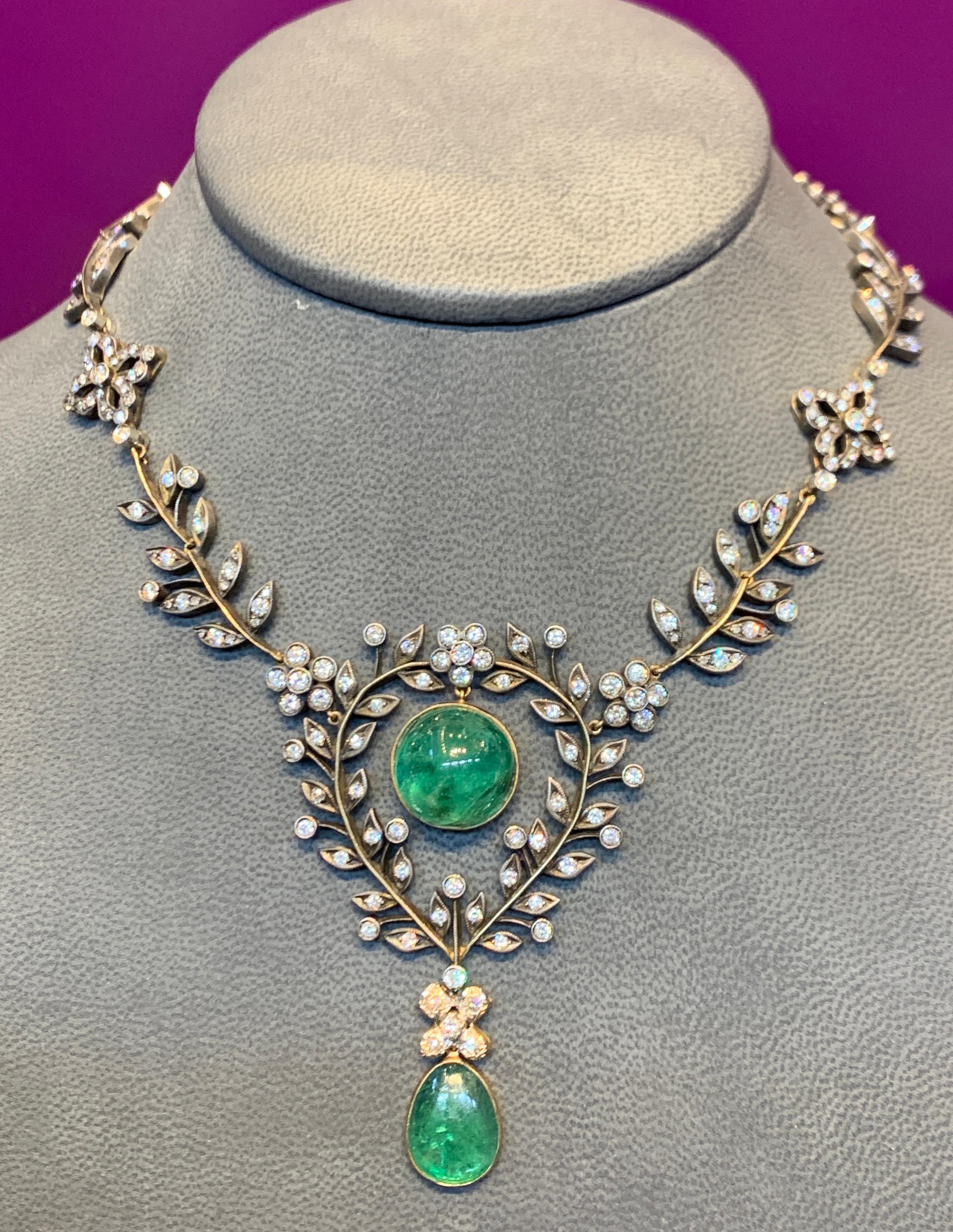 Emerald and Diamond Floral Drop Necklace For Sale 2