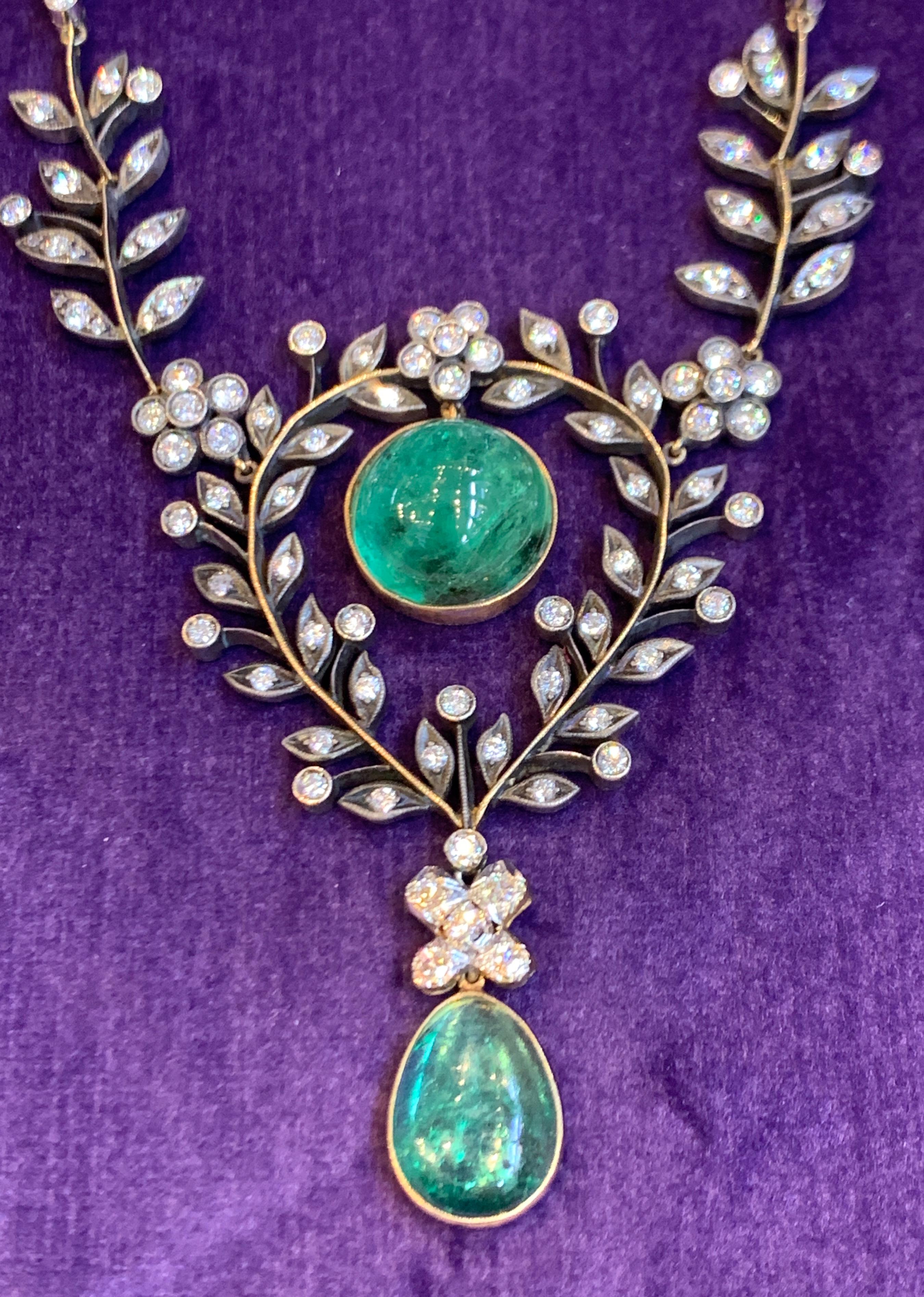 Emerald and Diamond Floral Drop Necklace For Sale 4