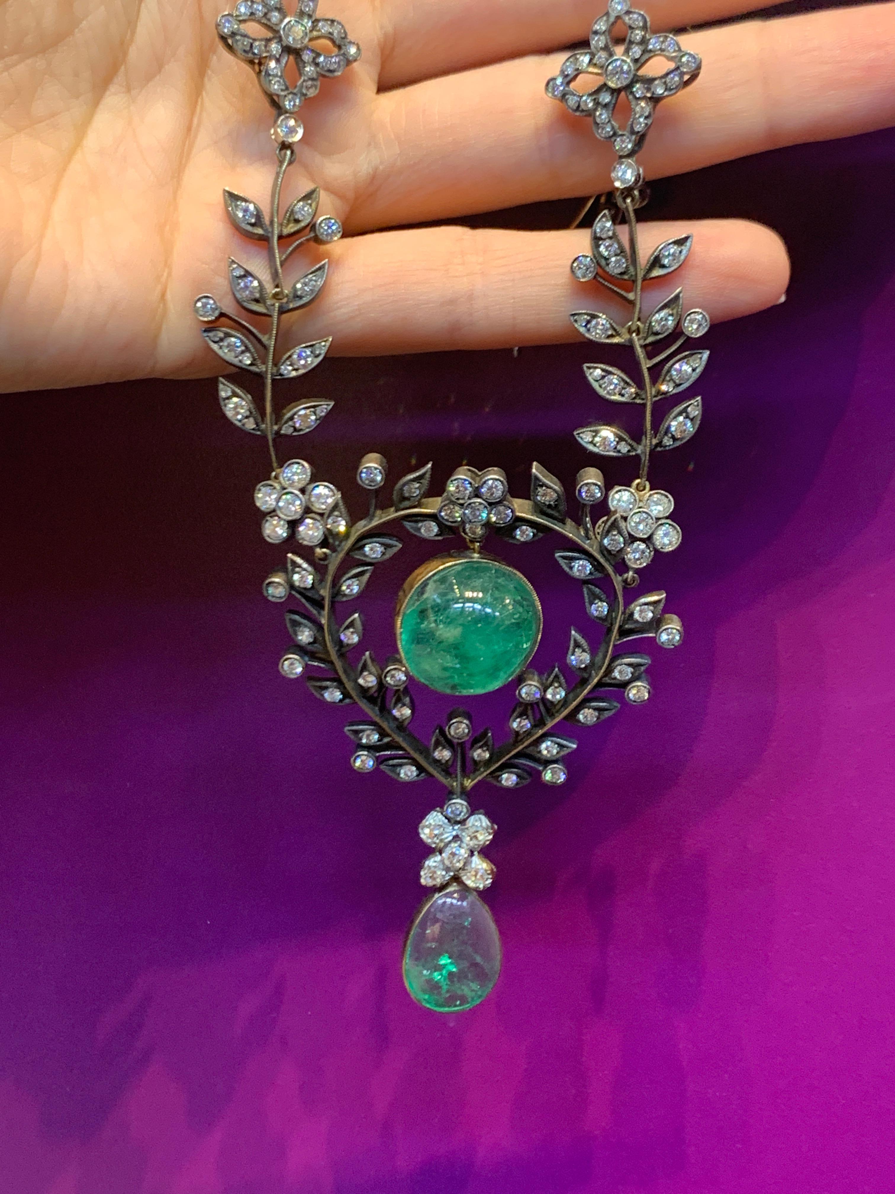 Emerald and Diamond Floral Drop Necklace For Sale 5