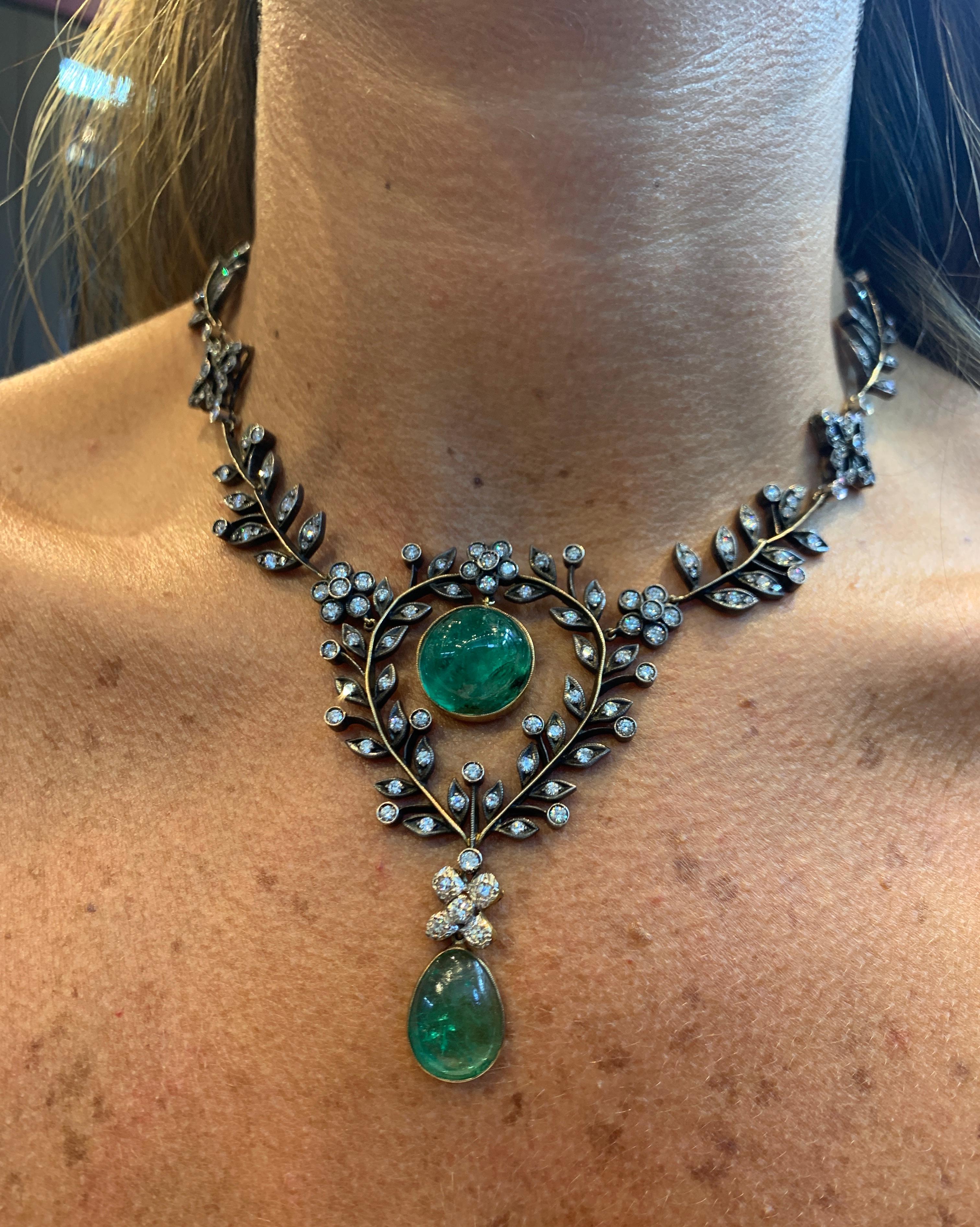Emerald and Diamond Floral Drop Necklace For Sale 6