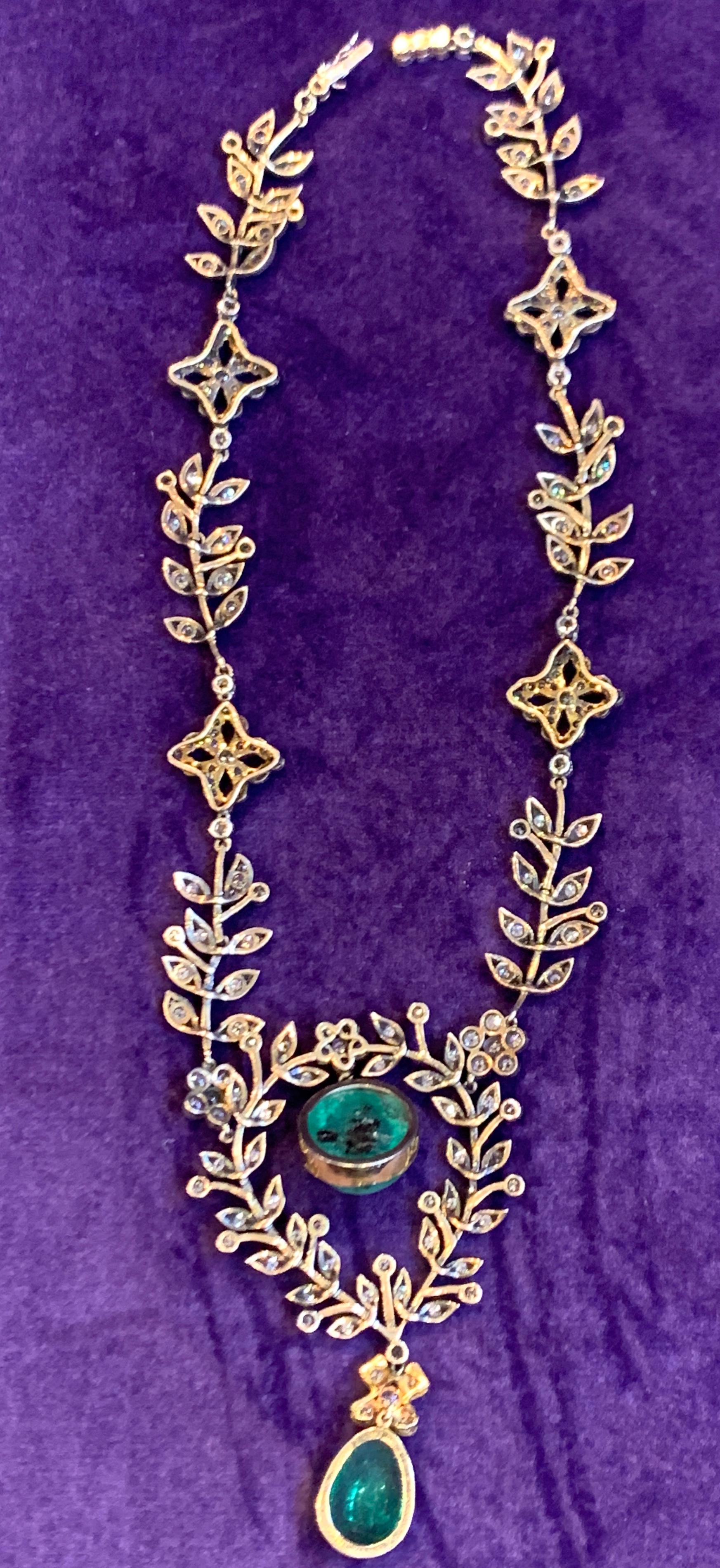 Emerald and Diamond Floral Drop Necklace For Sale 7