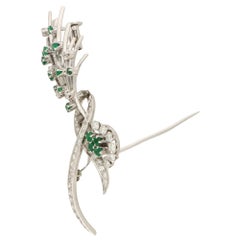 Emerald and Diamond Floral Spray Brooch Set in Platinum