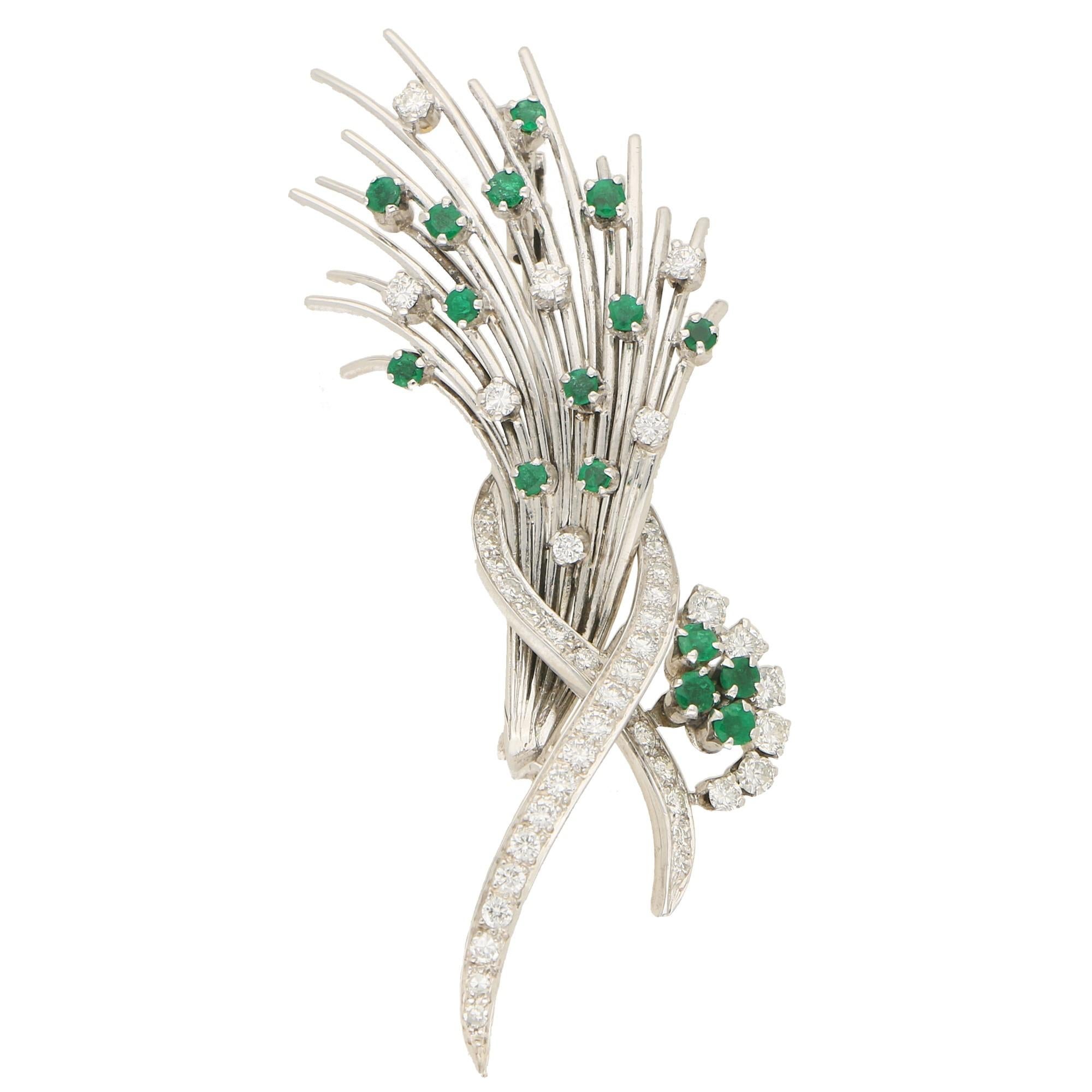 Emerald and Diamond Floral Spray Brooch Set in Platinum In Good Condition In London, GB