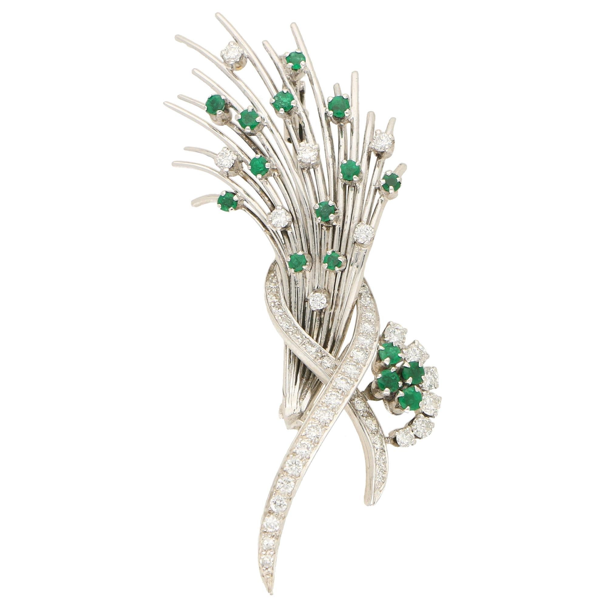 Emerald and Diamond Floral Spray Brooch Set in Platinum