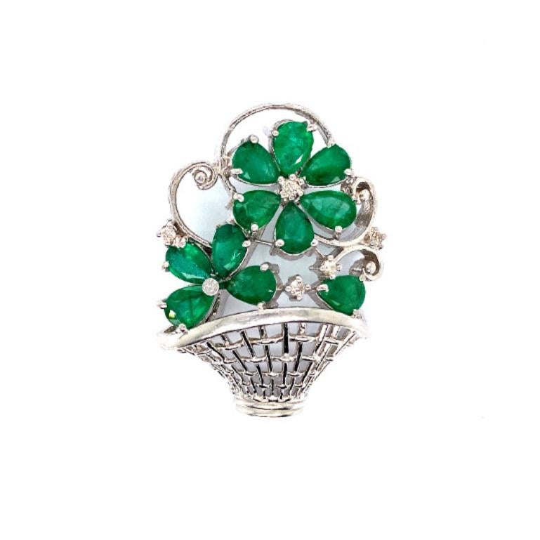 Pear Cut Real Emerald Diamond Flower Basket Brooch Made in 925 Sterling Silver For Sale