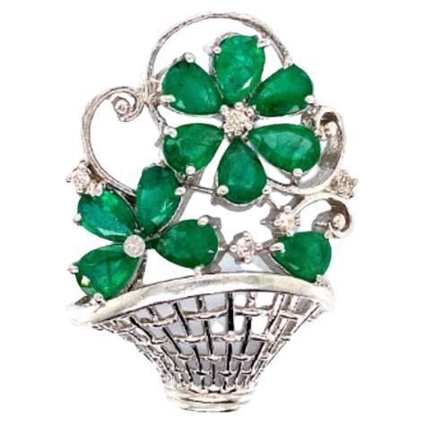 Real Emerald Diamond Flower Basket Brooch Made in 925 Sterling Silver For Sale