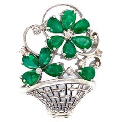 Vintage Real Emerald Diamond Flower Basket Brooch Made in 925 Sterling Silver