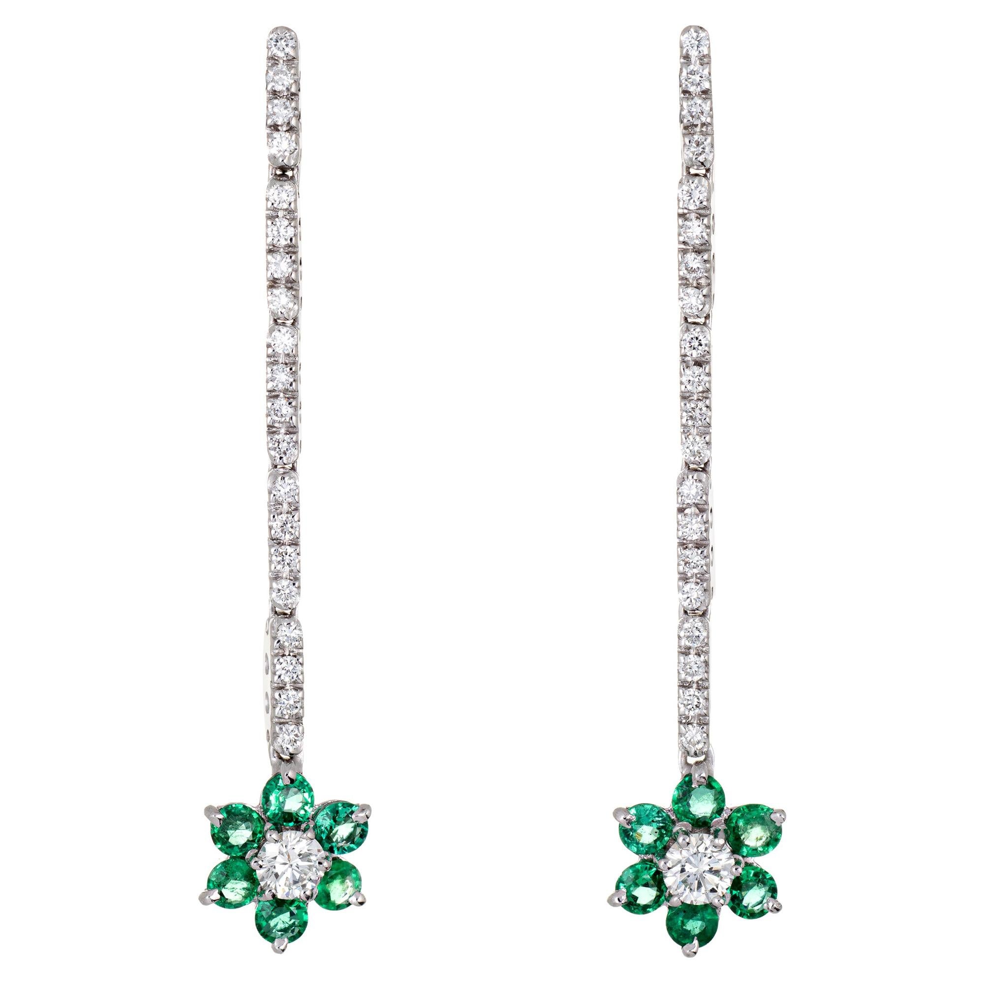 Emerald Diamond Flower Drop Earrings Estate 18 Karat Gold Long Dangle Vintage