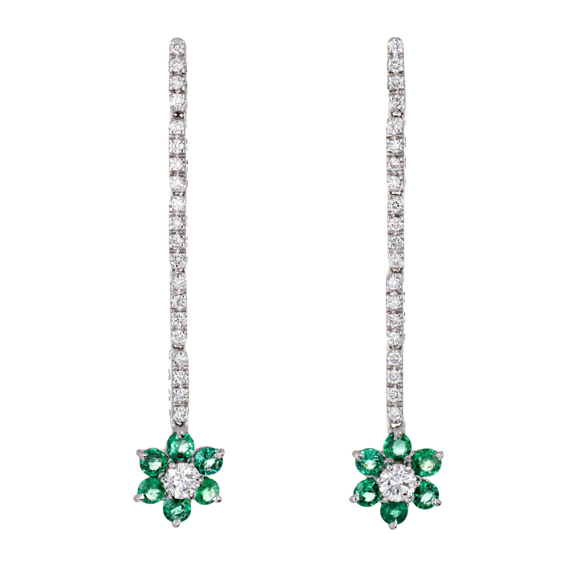 Round Cut Emerald Diamond Flower Drop Earrings Estate 18 Karat Gold Long Dangle Vintage