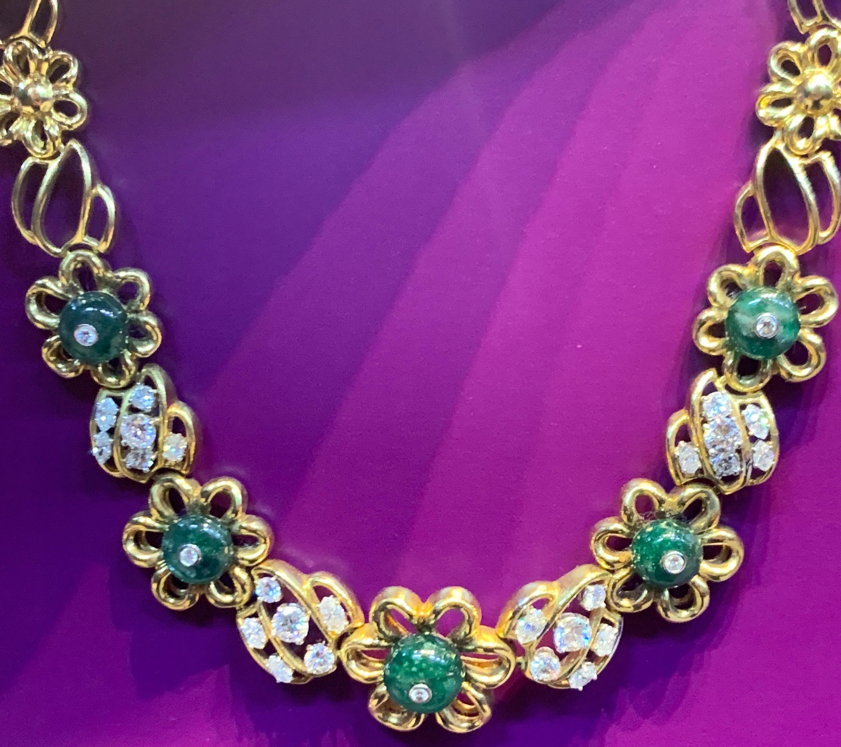 Round Cut Emerald and Diamond Flower Link Necklace For Sale