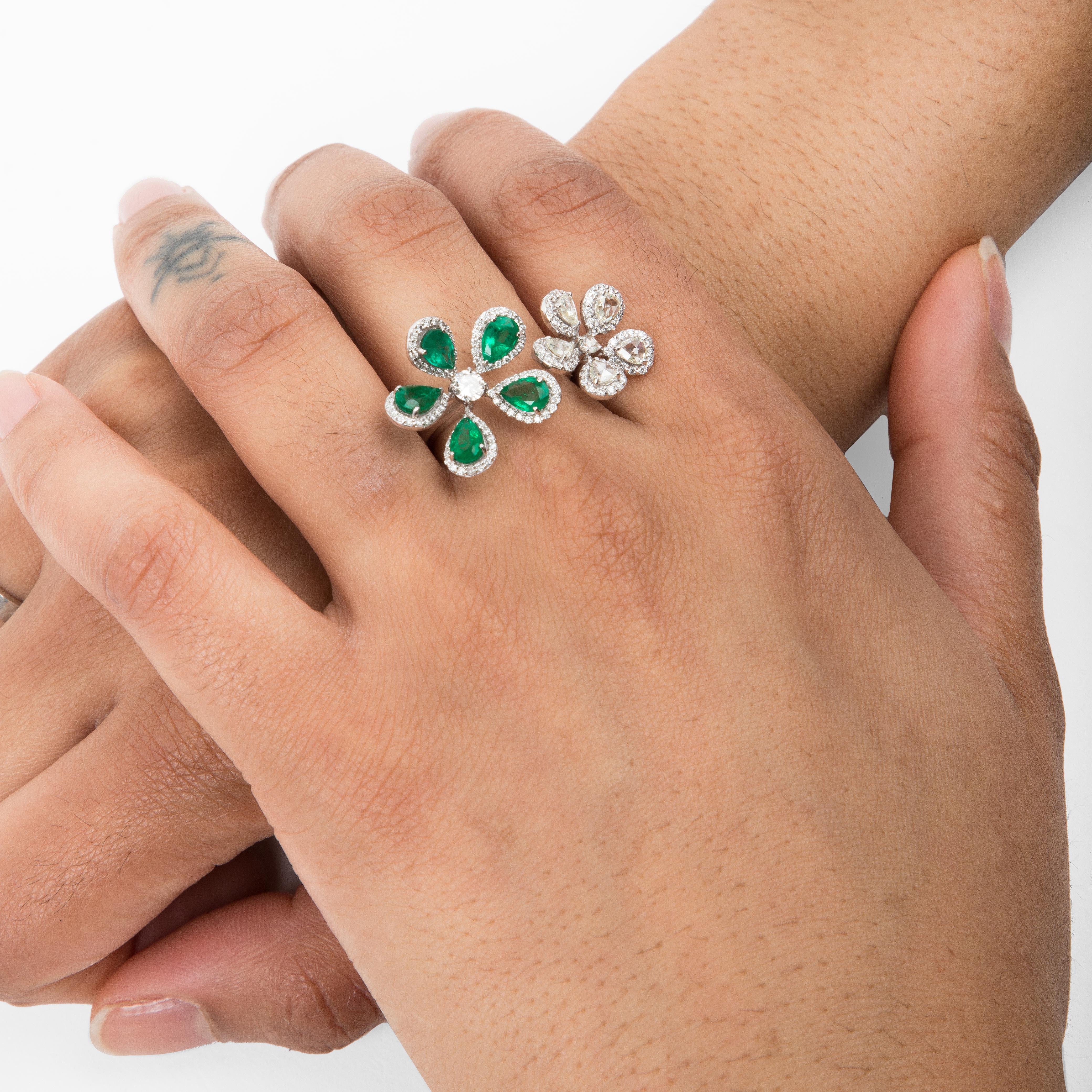 Rose Cut Emerald & Diamond Flower Ring For Sale