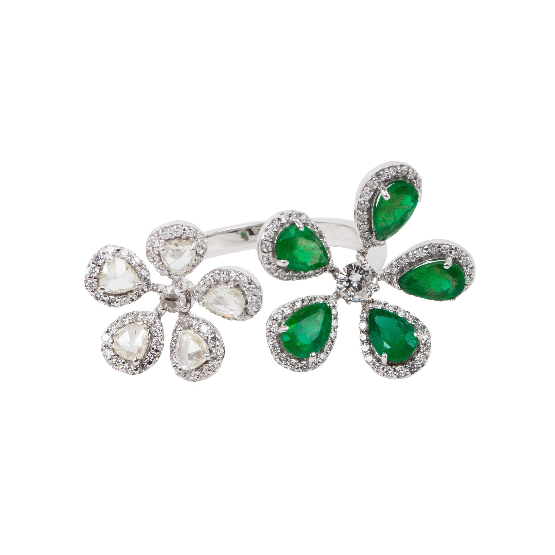 Emerald & Diamond Flower Ring For Sale