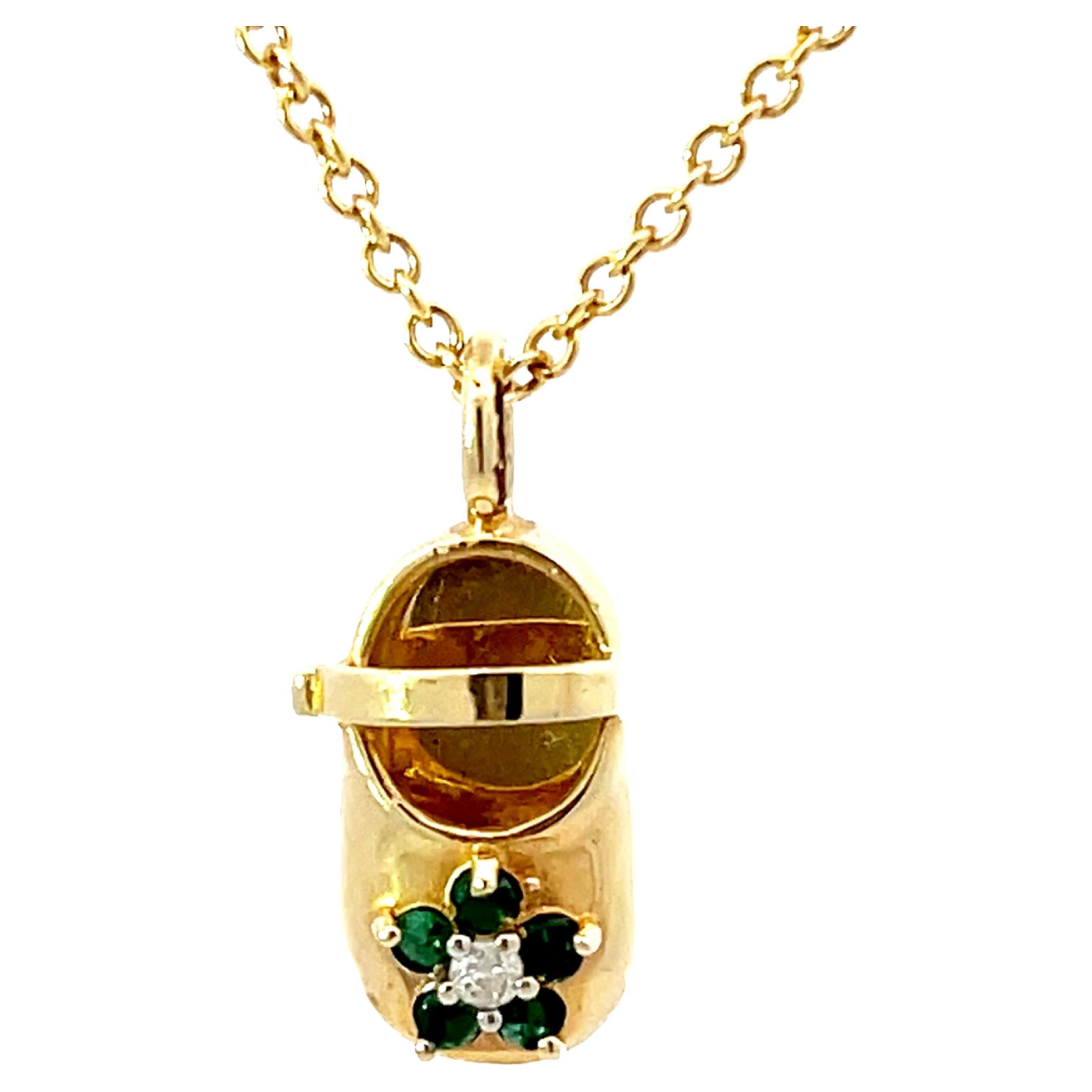 Emerald Diamond Flower Shoe Pendant Necklace Solid 14K Yellow Gold For Sale