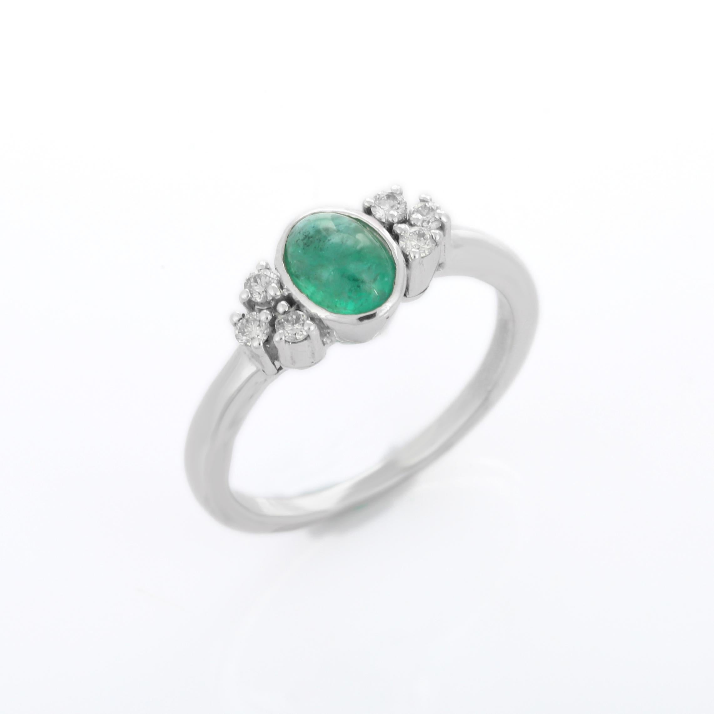 For Sale:  Emerald Diamond Gemstone Ring in 18 Karat White Gold 7