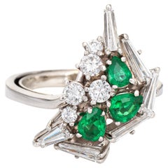 Emerald Diamond Geometric Ring Platinum Sz 5 Vintage Fine Jewelry Mixed Cuts