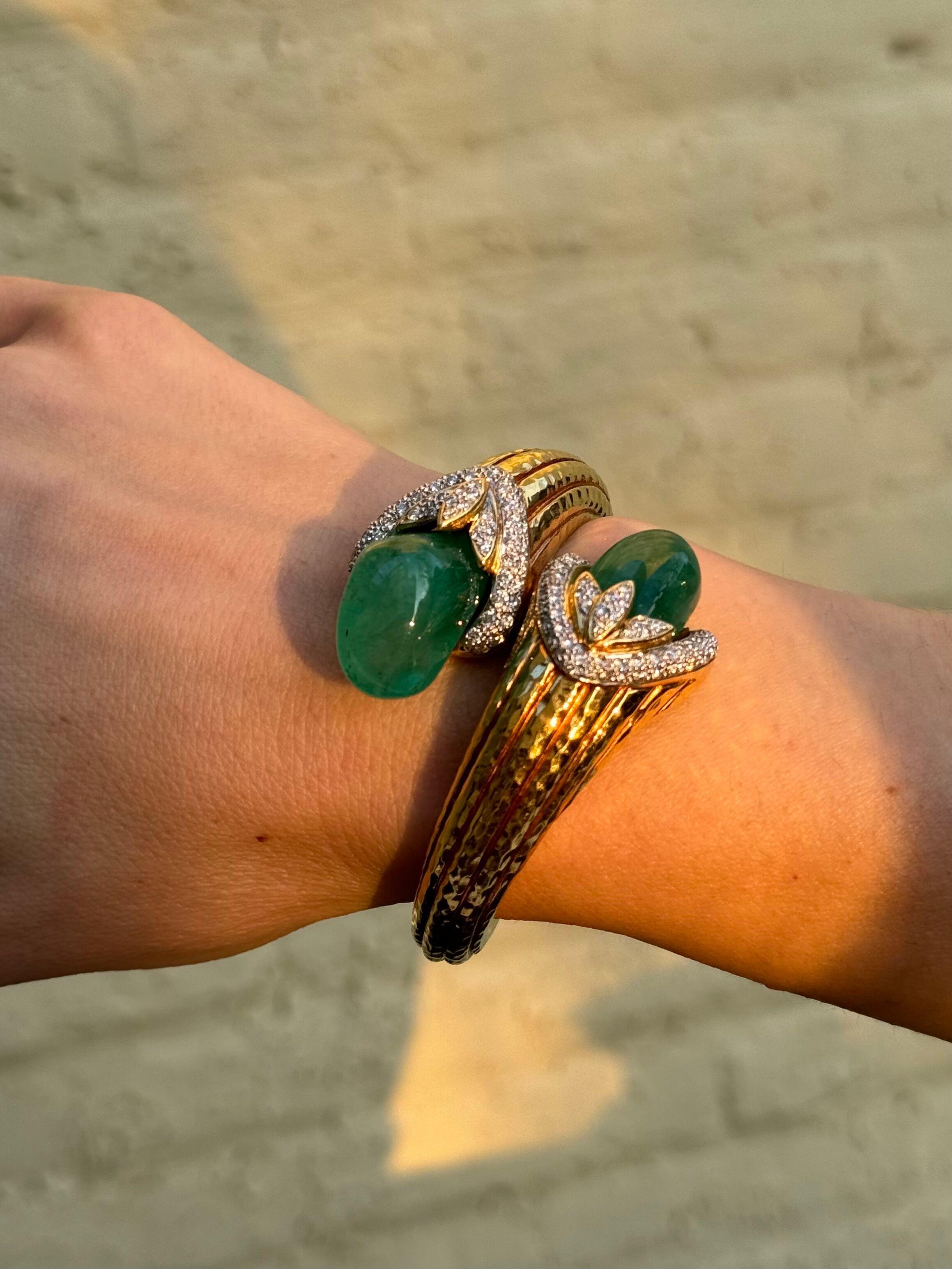 Emerald Diamond Gold Bypass Bracelet For Sale 2
