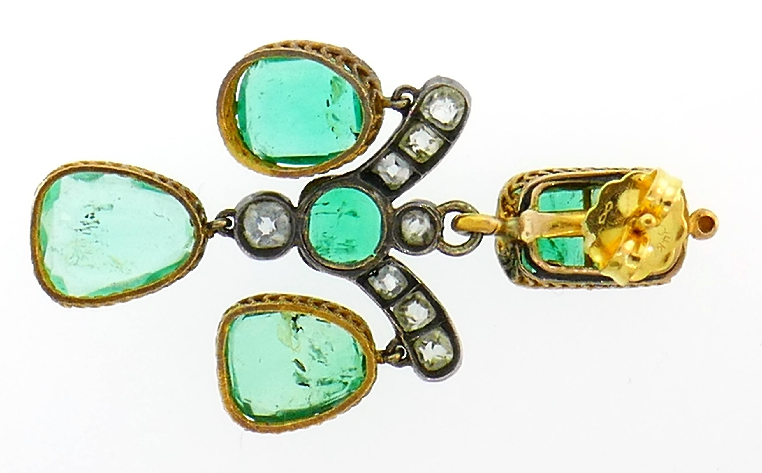 Women's Emerald Diamond Gold Chandelier Earrings, Victorian