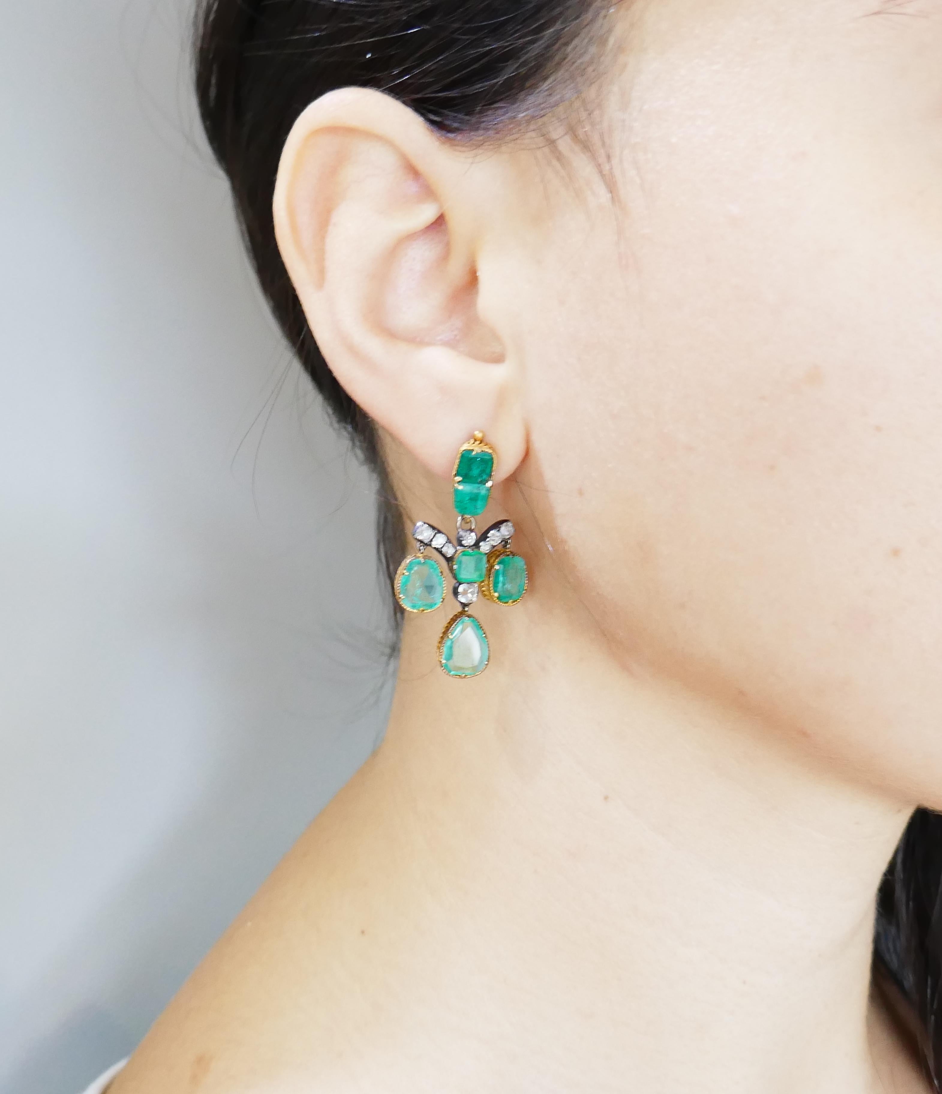 Emerald Diamond Gold Chandelier Earrings, Victorian 1