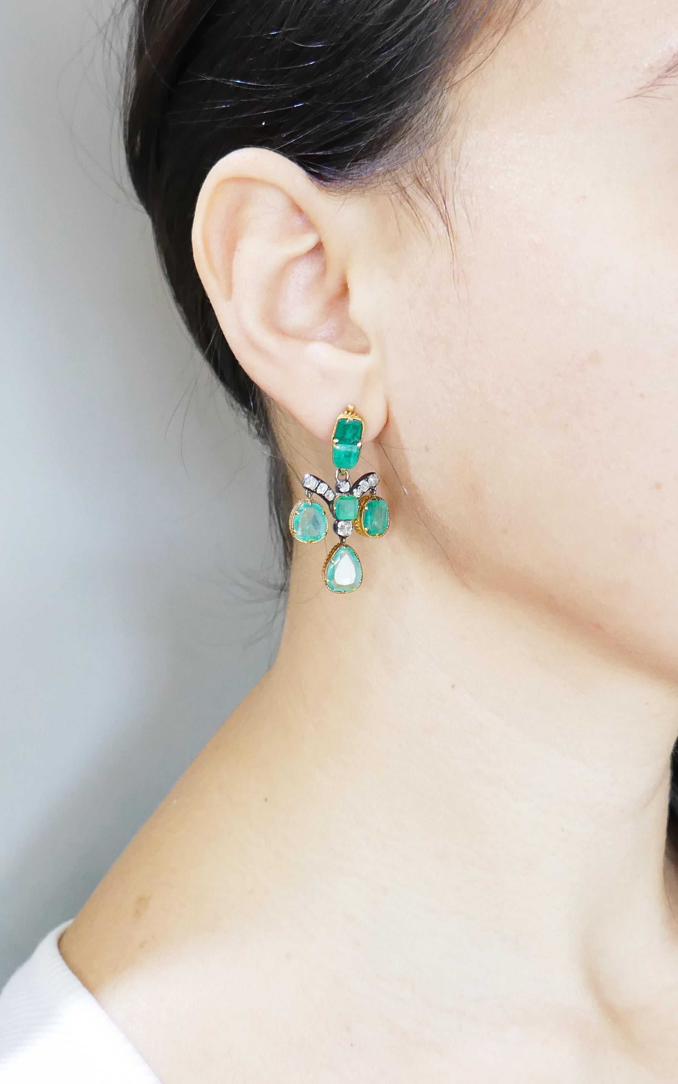 Emerald Diamond Gold Chandelier Earrings, Victorian 2