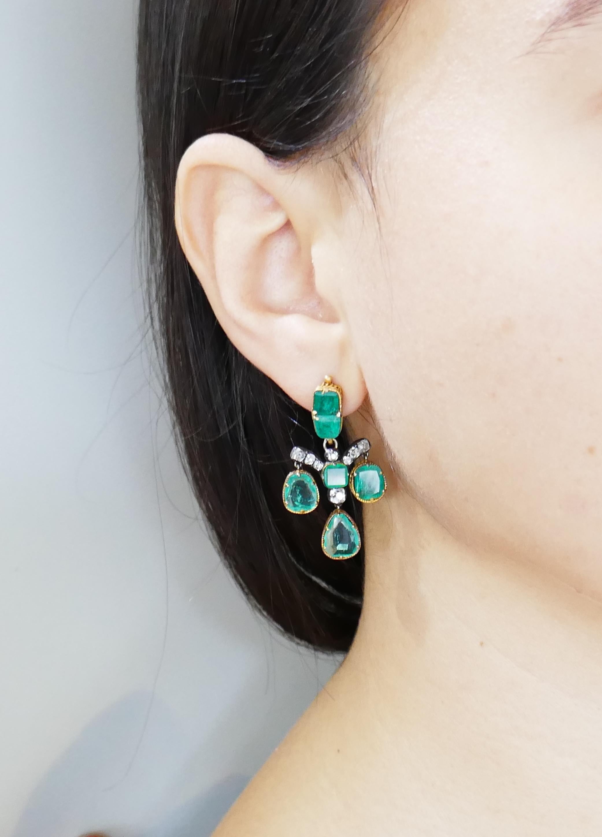 Emerald Diamond Gold Chandelier Earrings, Victorian 3