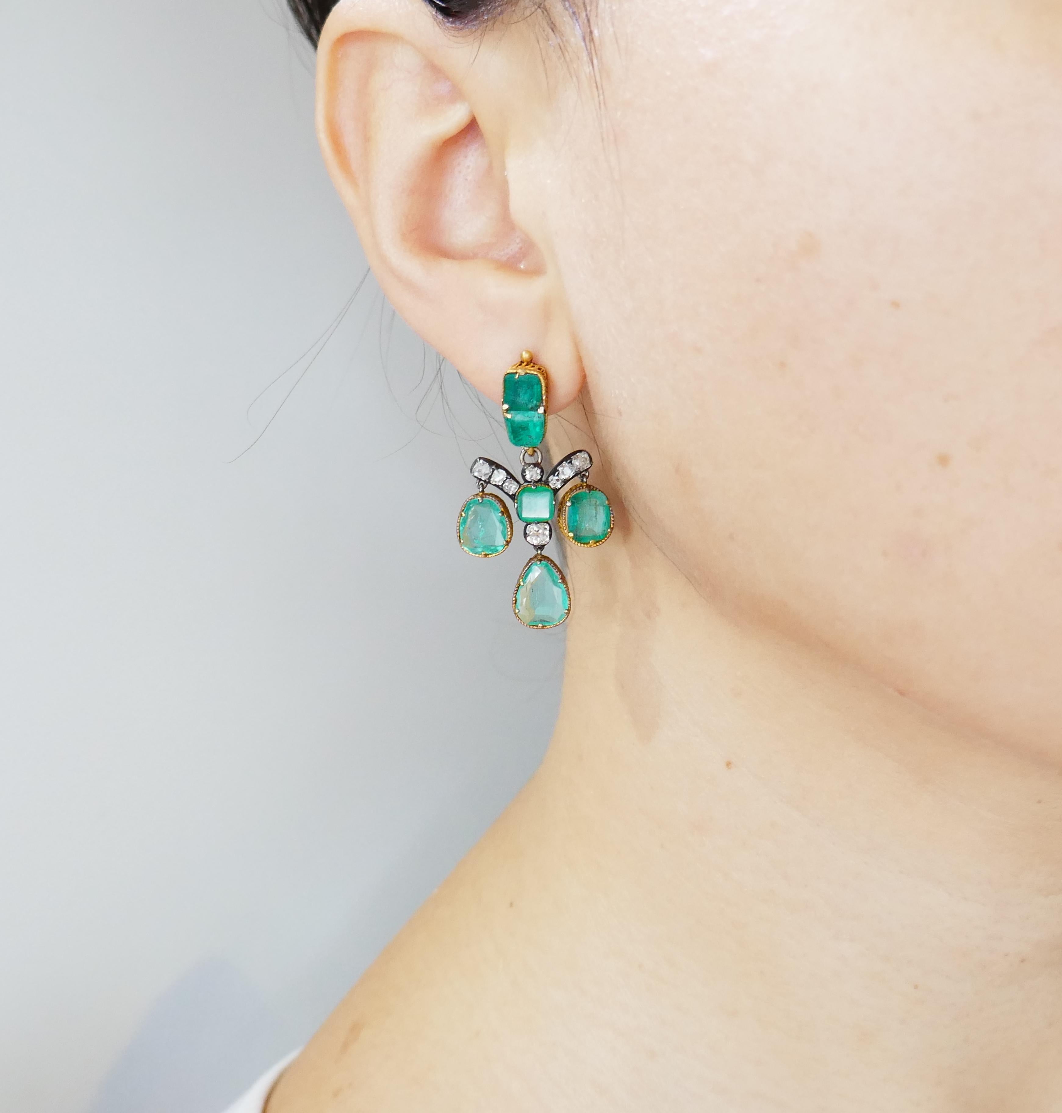 Emerald Diamond Gold Chandelier Earrings, Victorian 4