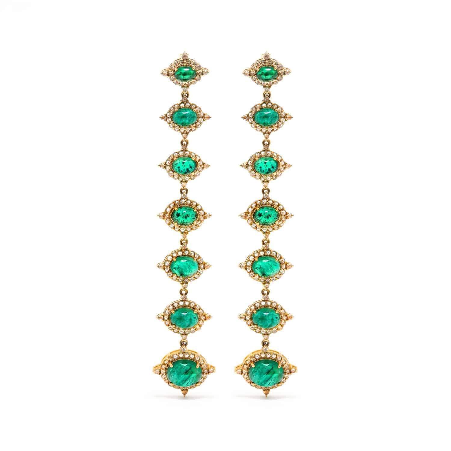 Contemporary Emerald Diamond Gold Chandelier Earrings For Sale