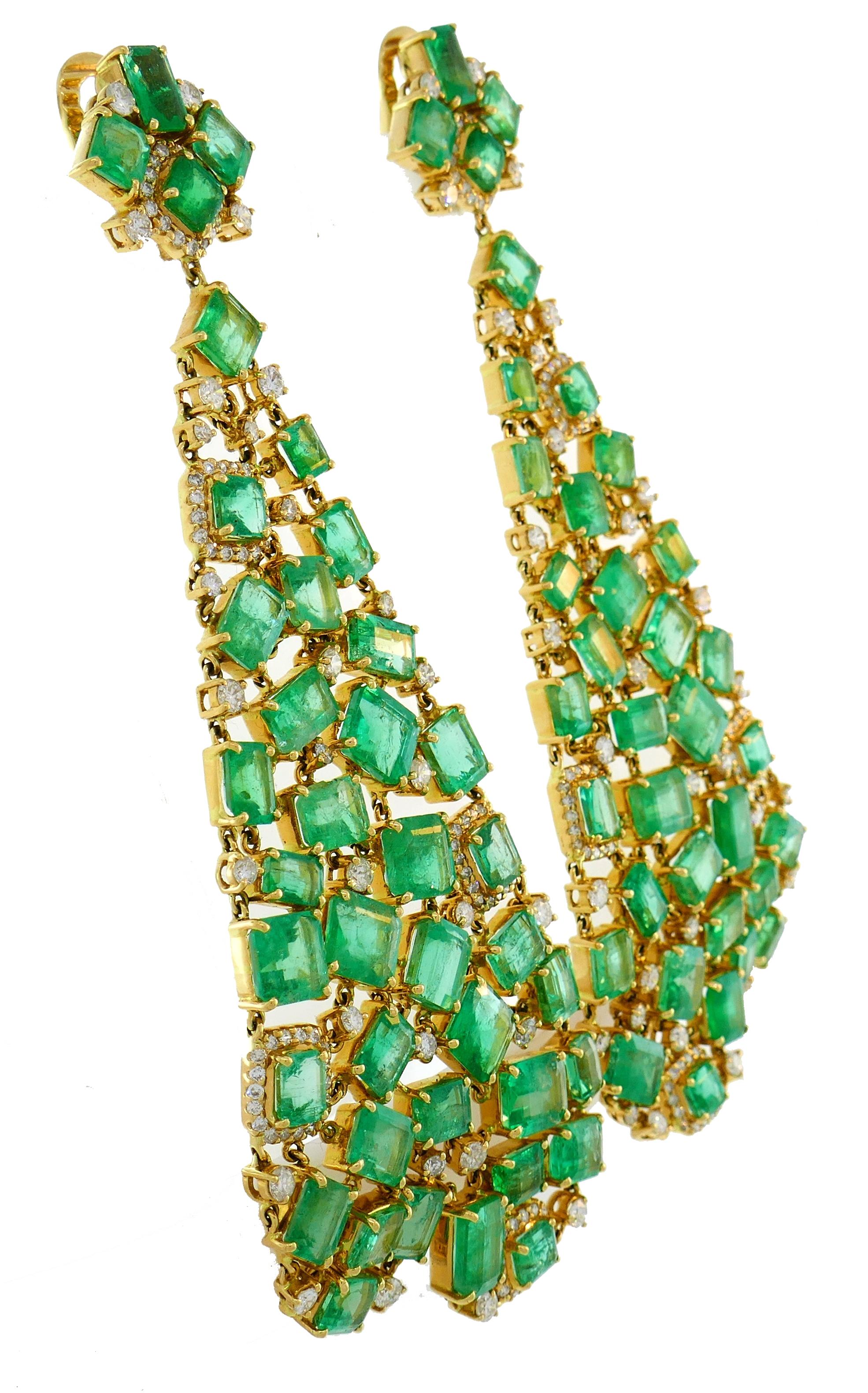 Modern Emerald Diamond Gold Chandelier Earrings 