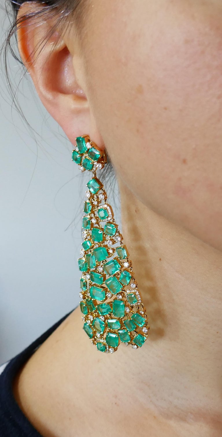Emerald Diamond Gold Chandelier Earrings For Sale at 1stDibs