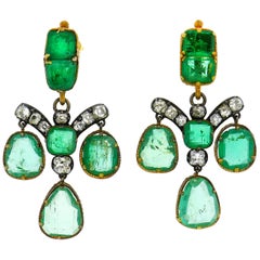 Emerald Diamond Gold Chandelier Earrings, Victorian