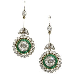 Emerald Diamond Gold Cluster Drop Earrings
