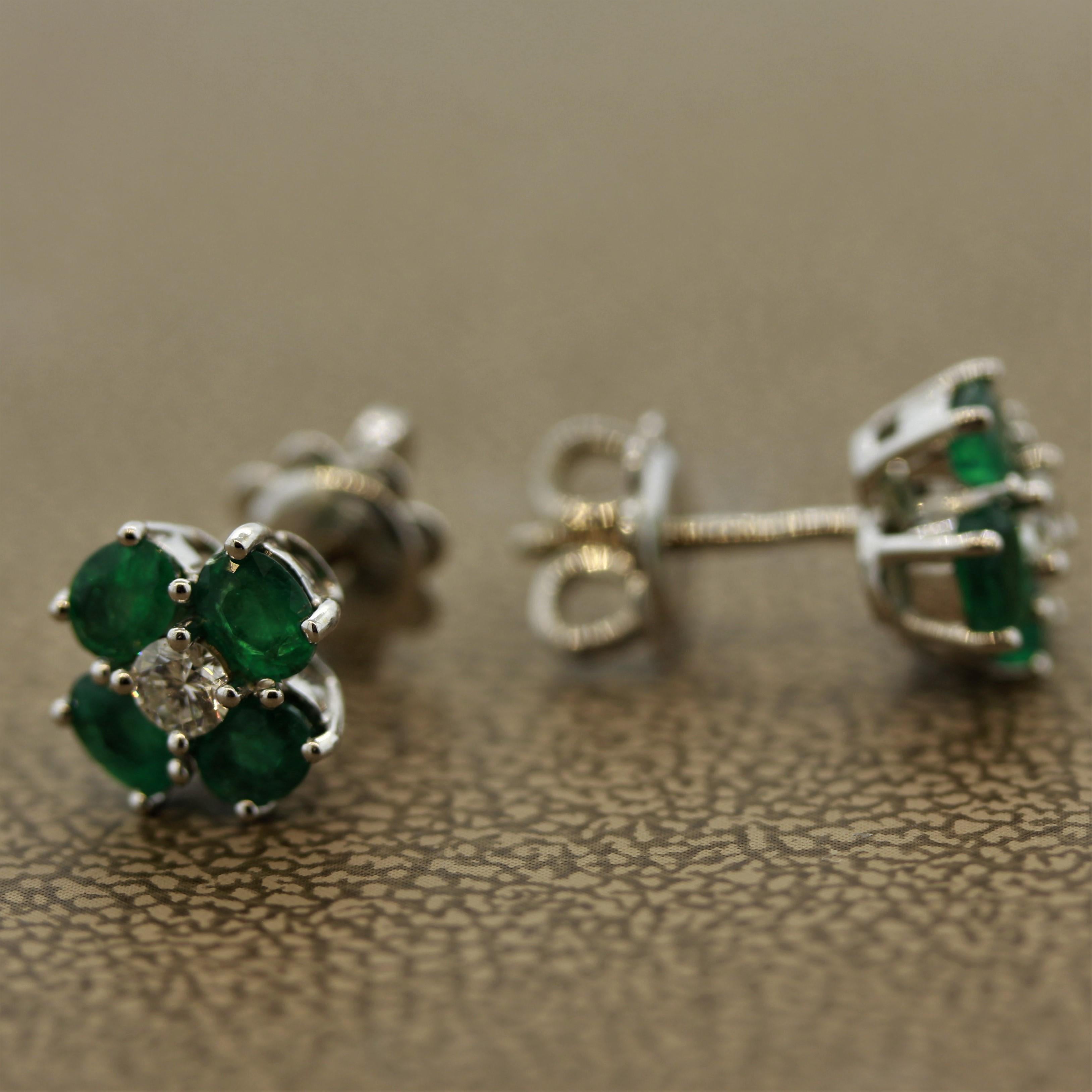 Mixed Cut Emerald Diamond Gold Cluster Stud Earrings